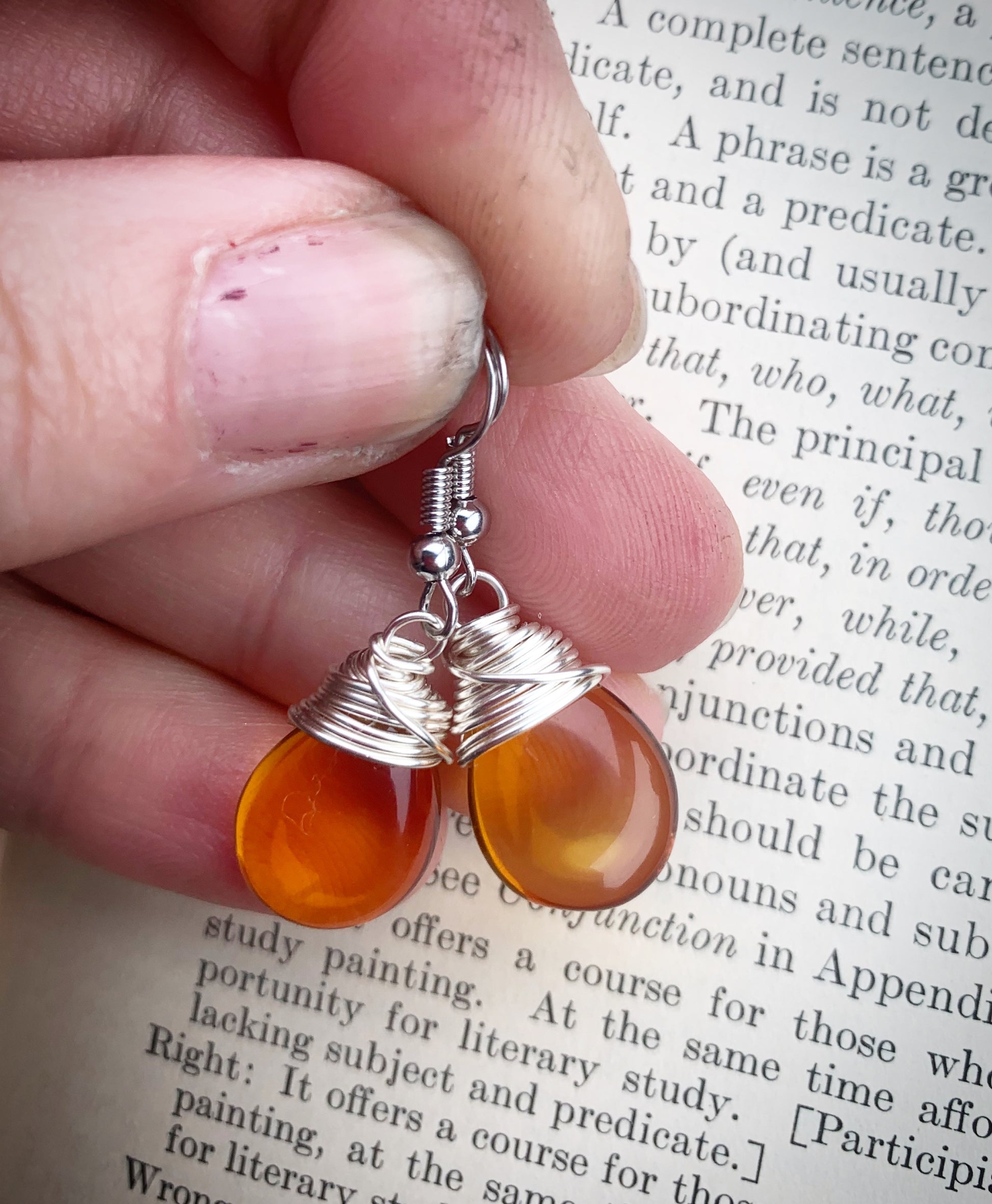 Amber teardrop Czech glass and silver wire wrapped, sterling silver earrings. - Andria Bieber Designs 