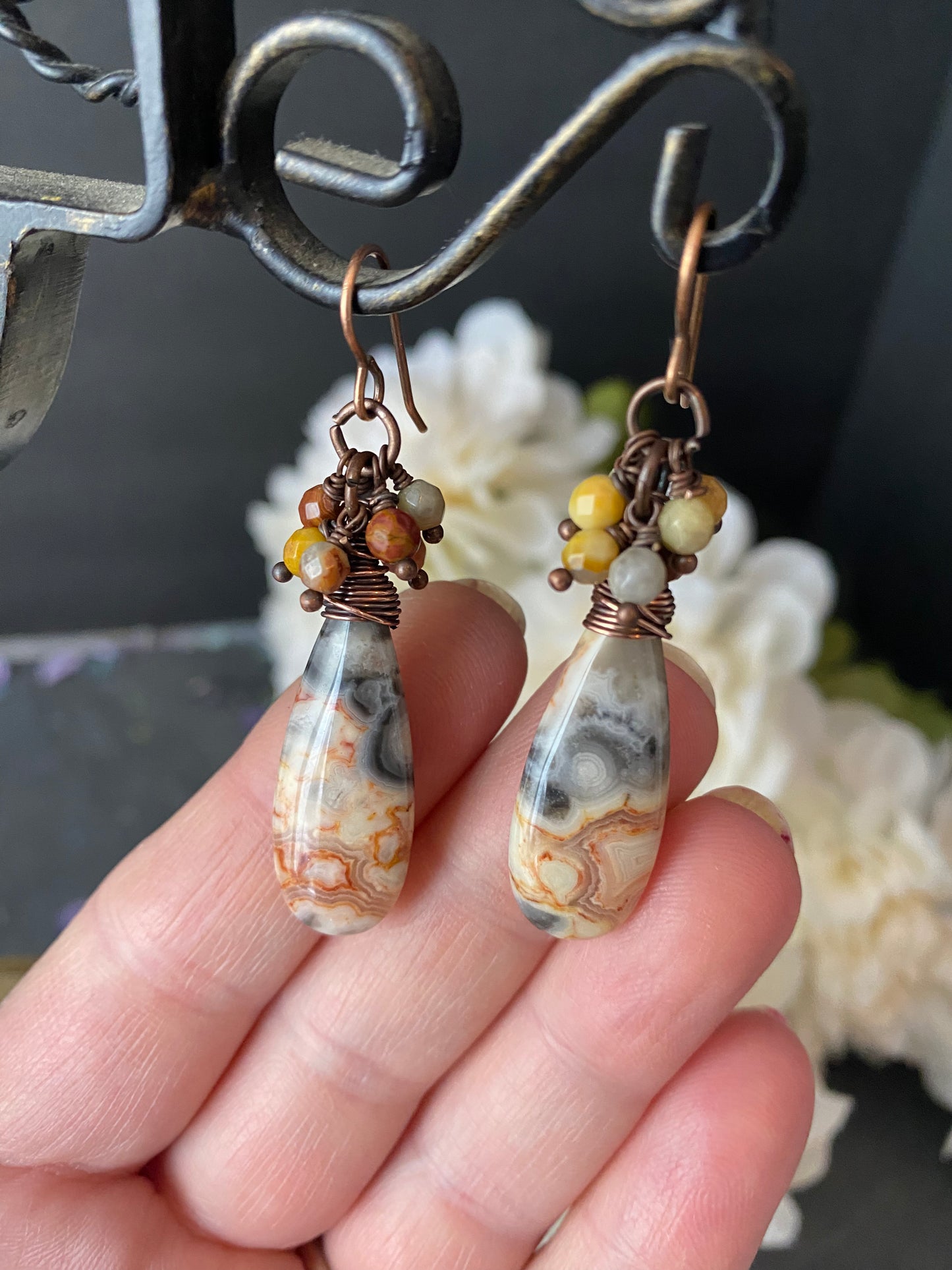 Crazy lace agate stone drops and dangles wire wrapped copper metal hoops, wire wrapped, earrings - Andria Bieber Designs 