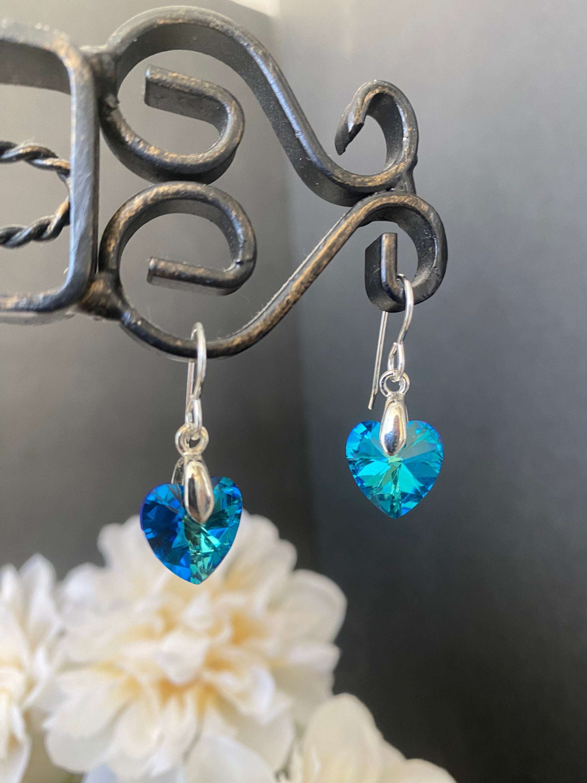 Blue crystal Silver heart charm and silver metal, earrings, jewelry. - Andria Bieber Designs 