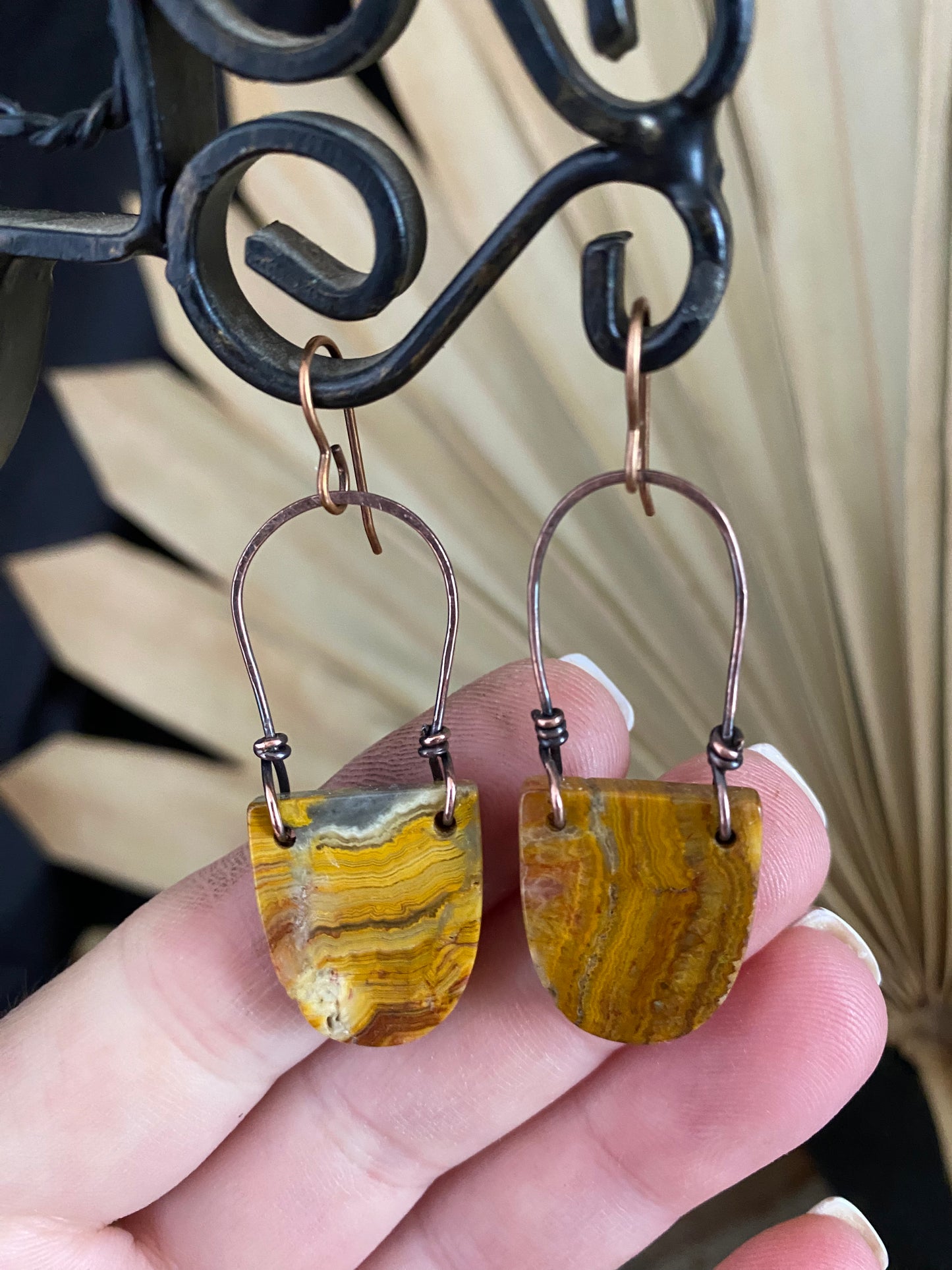 Crazy lace agate stone, copper metal wire wrapped, earrings