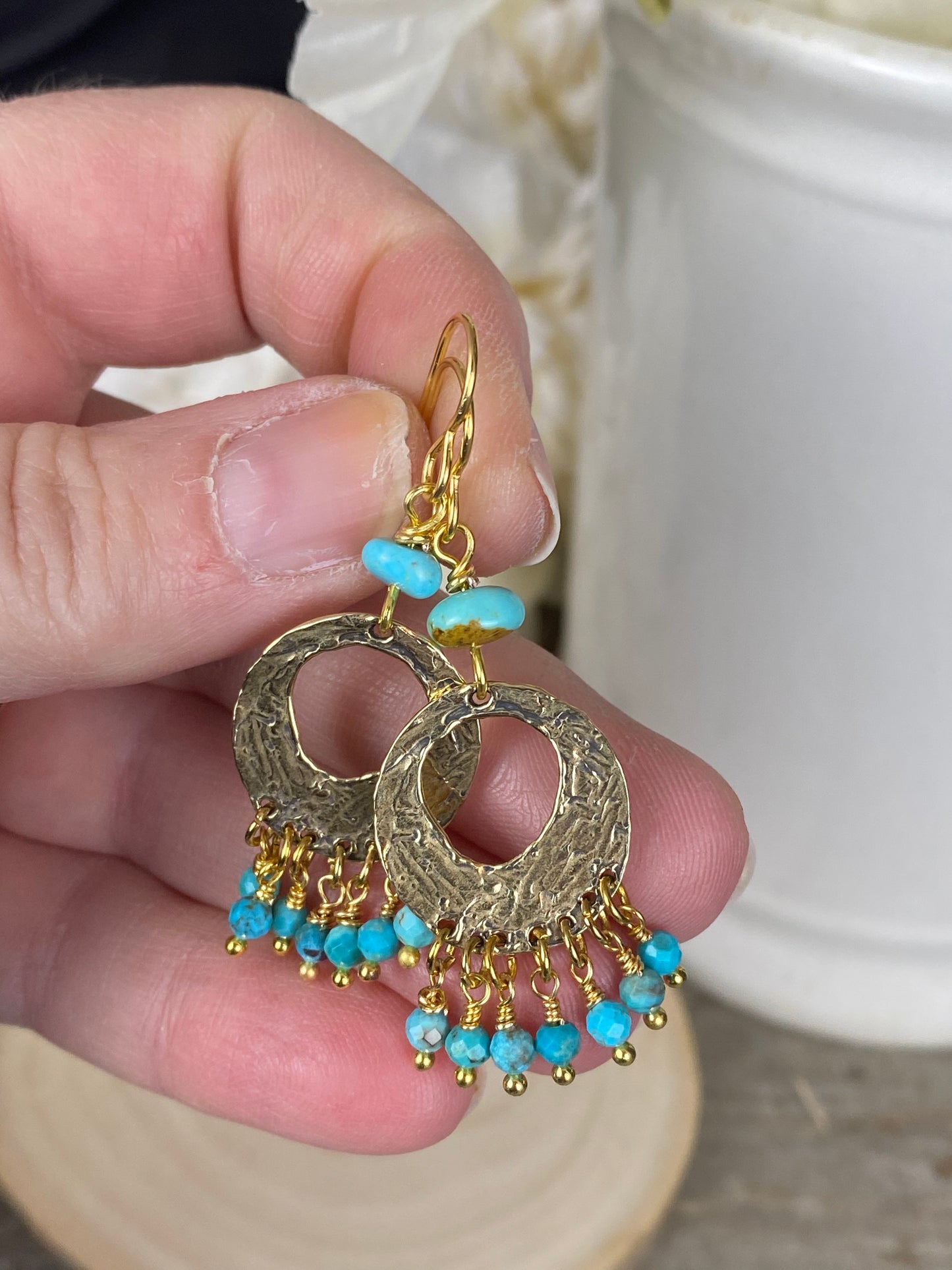 Gold hammered hoops, turquoise stone, earrings, jewelry