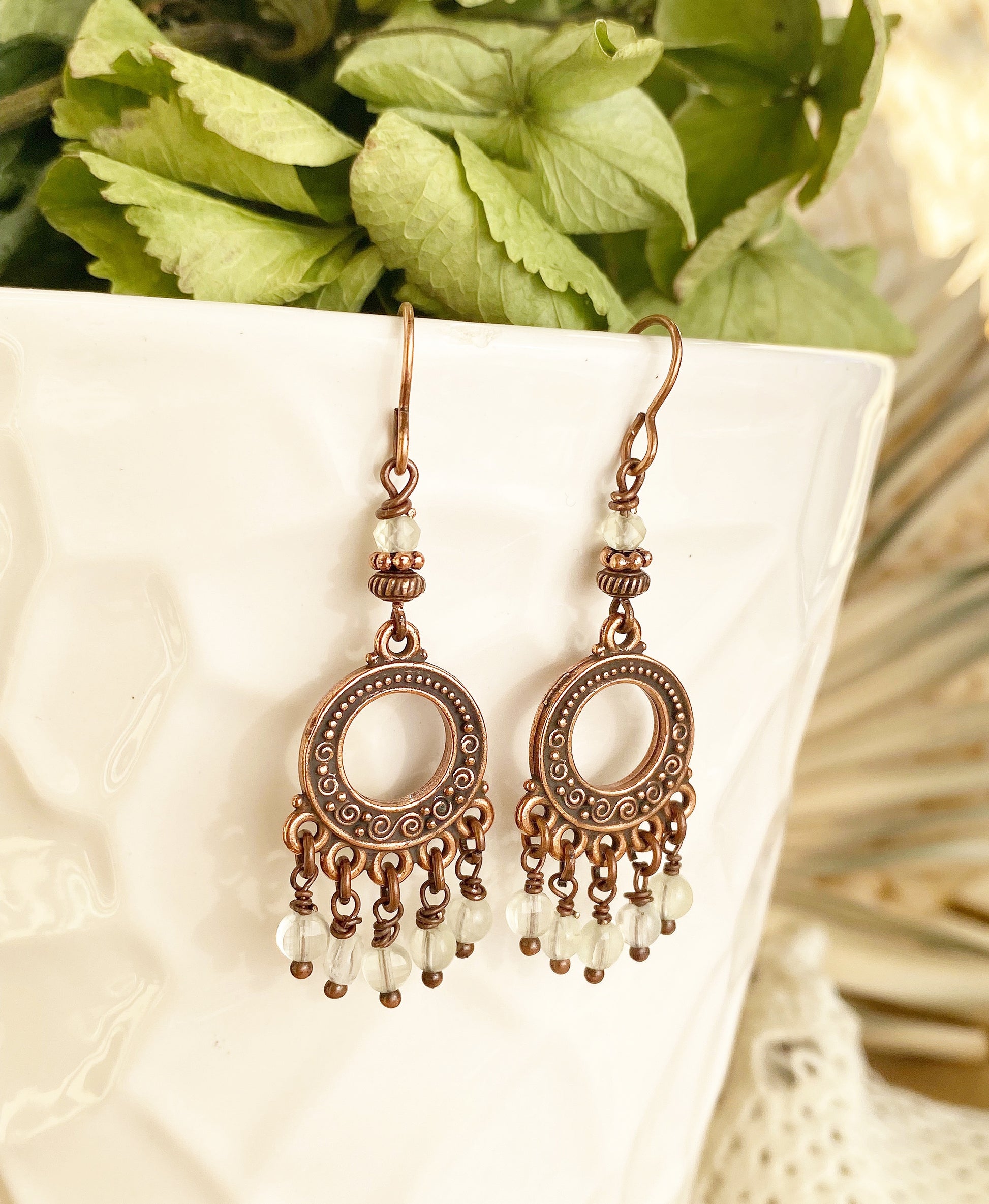 Prehnite stone and copper metal earrings - Andria Bieber Designs 