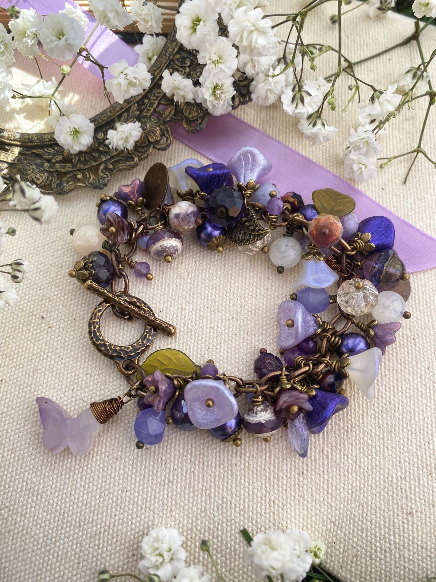Mto. Purple petals. Moonstone, Amethyst gemstone, Czech glass, bronze metal bracelet. - Andria Bieber Designs 