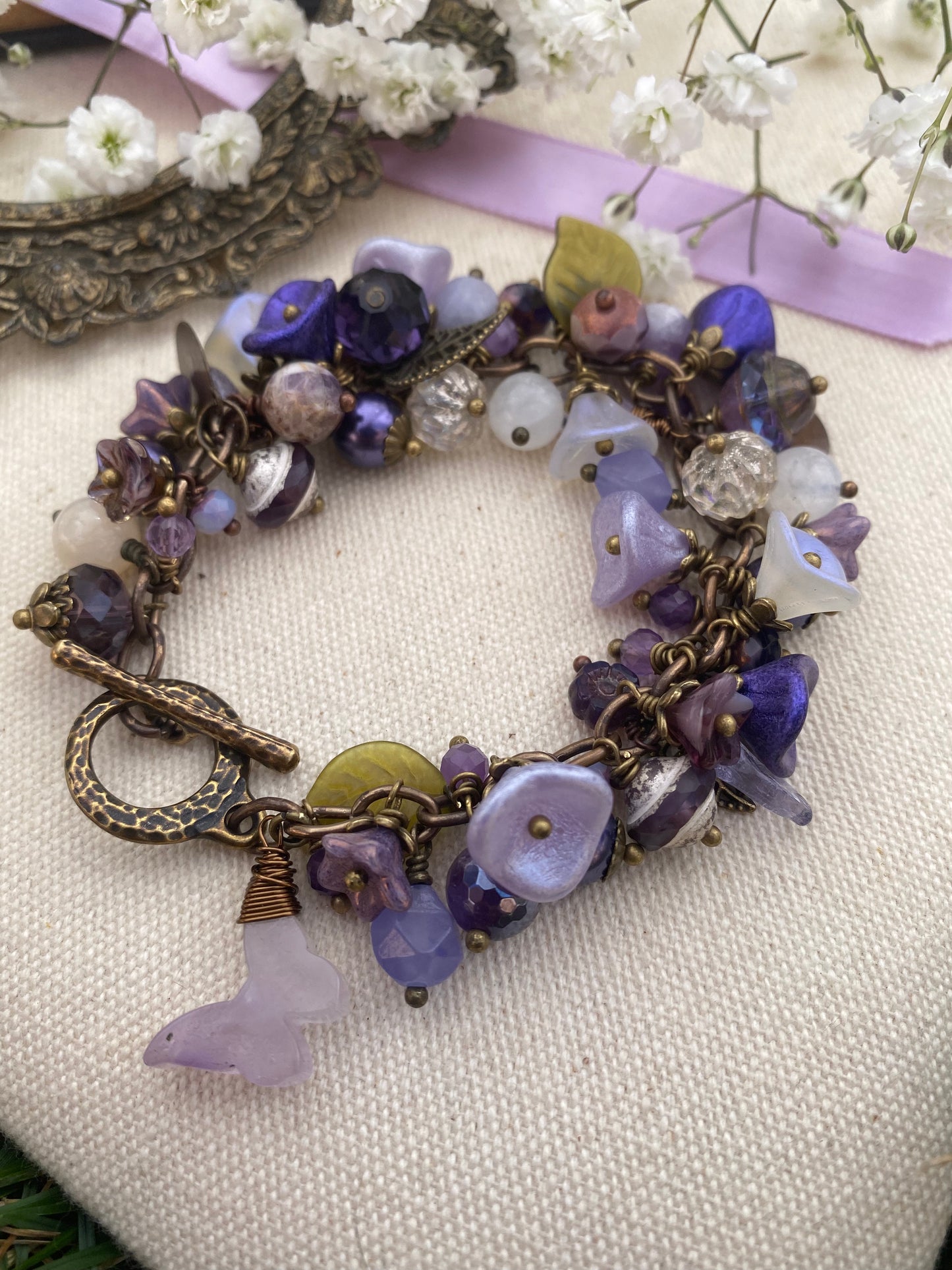 Mto. Purple petals. Moonstone, Amethyst gemstone, Czech glass, bronze metal bracelet. - Andria Bieber Designs 