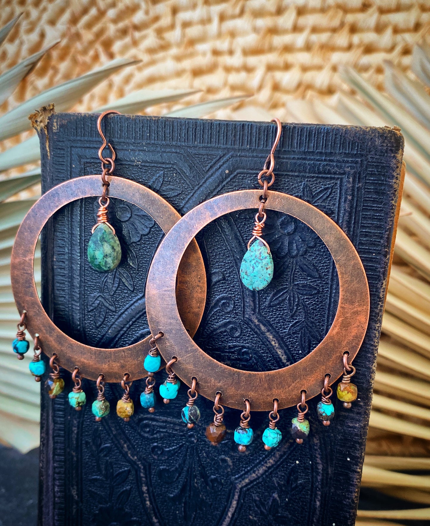 Large hoops, boho tribal, turquoise stone, copper metal earrings - Andria Bieber Designs 