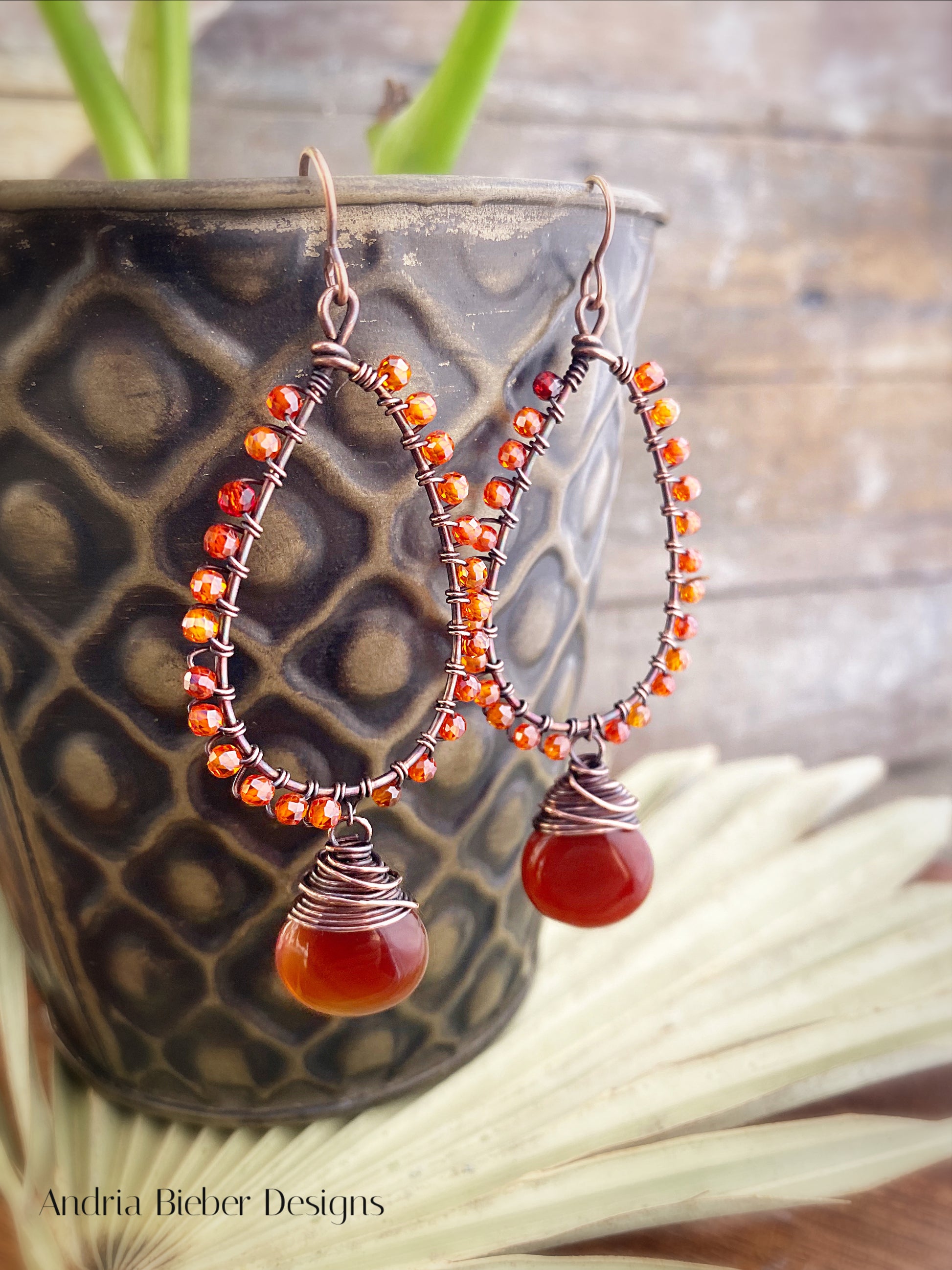 Orange leaves. Carnelian agate stone, copper metal, wire wrapped, earrings - Andria Bieber Designs 