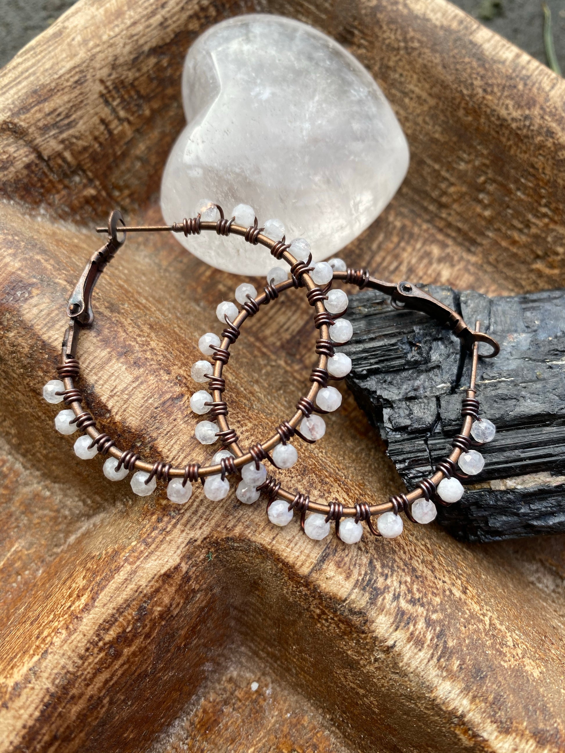 Moonstone gemstone, copper metal hoops, wire wrapped, earrings - Andria Bieber Designs 