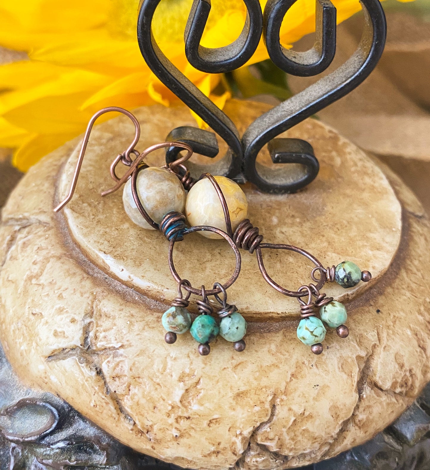 Crazy lace agate stone, African Jasper, copper metal, earrings, jewelry. - Andria Bieber Designs 