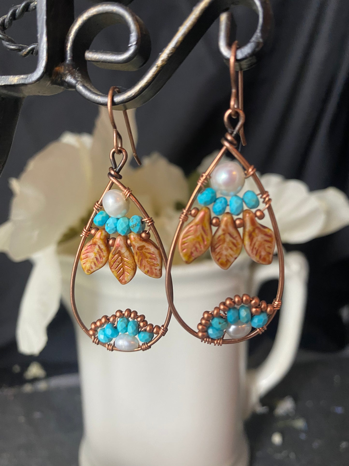 Copper Czech glass leaves, blue turquoise stone, copper earrings
