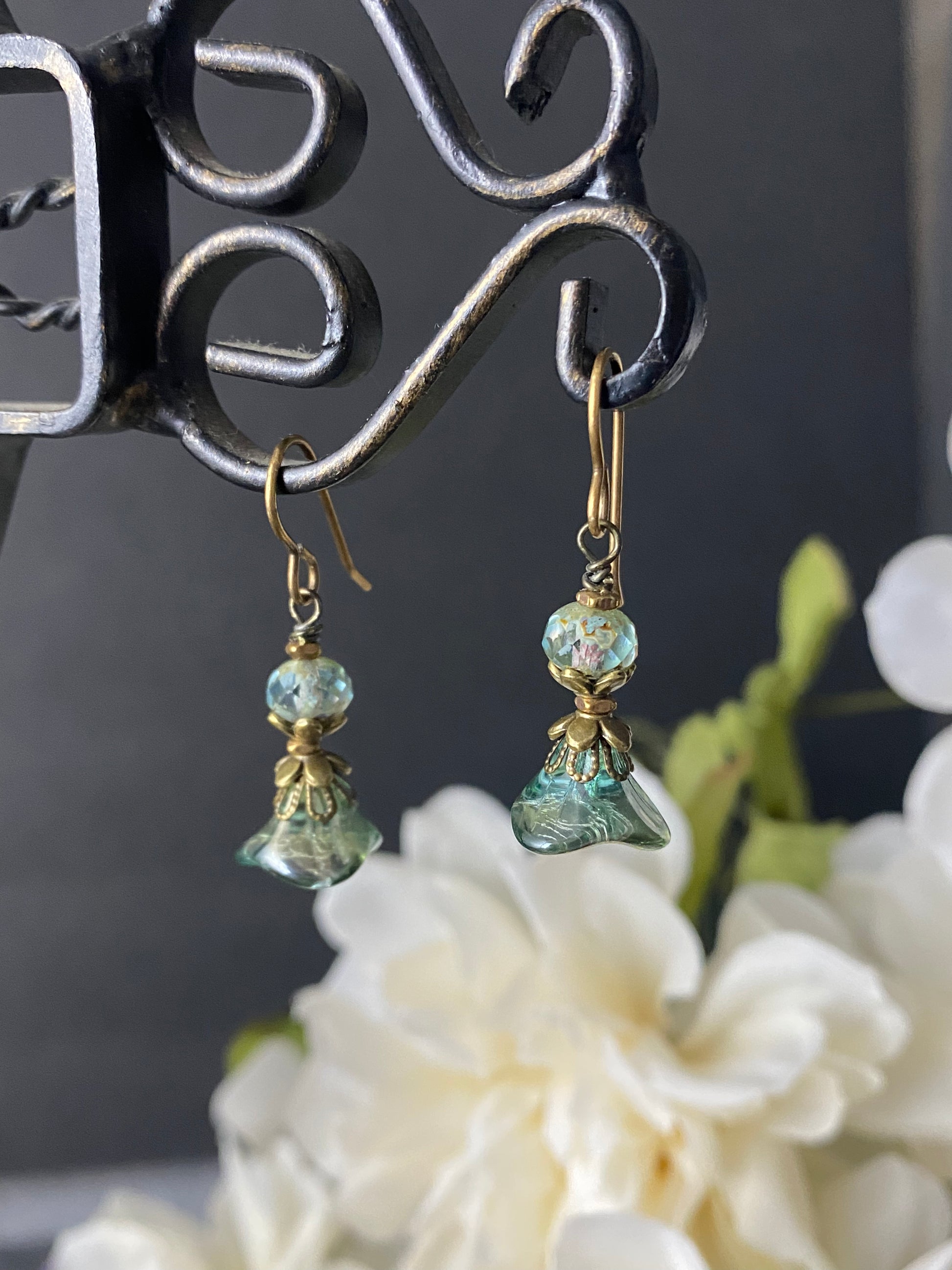 Teal Flower Czech glass, small earrings, and copper metal earrings. - Andria Bieber Designs 