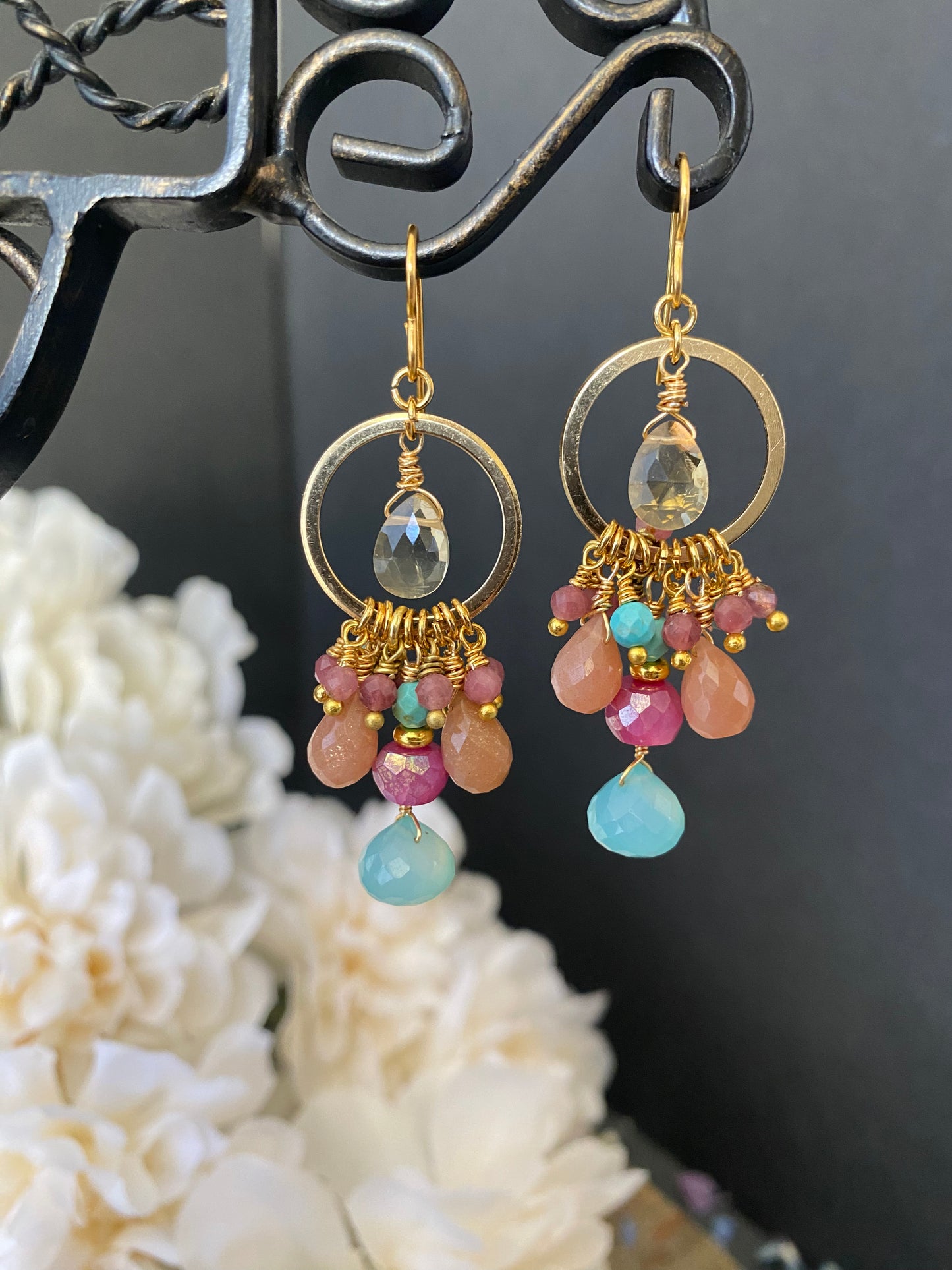 Pink, peach, blue mixed gemstones, gold metal earrings