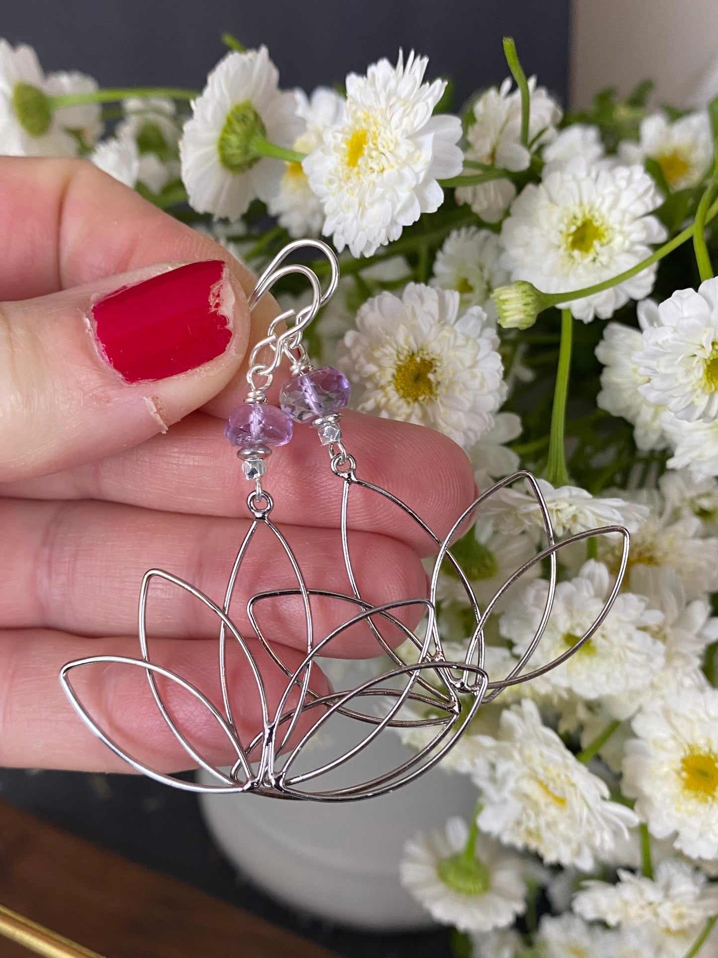 Silver lotus wire flower charms, amethyst stone, earrings, jewelry.