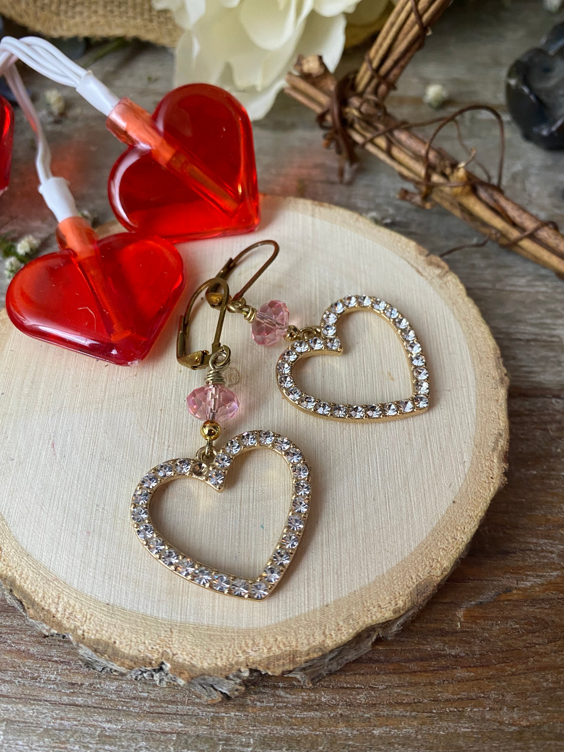 Pink crystal heart hoop gold metal earrings - Andria Bieber Designs 