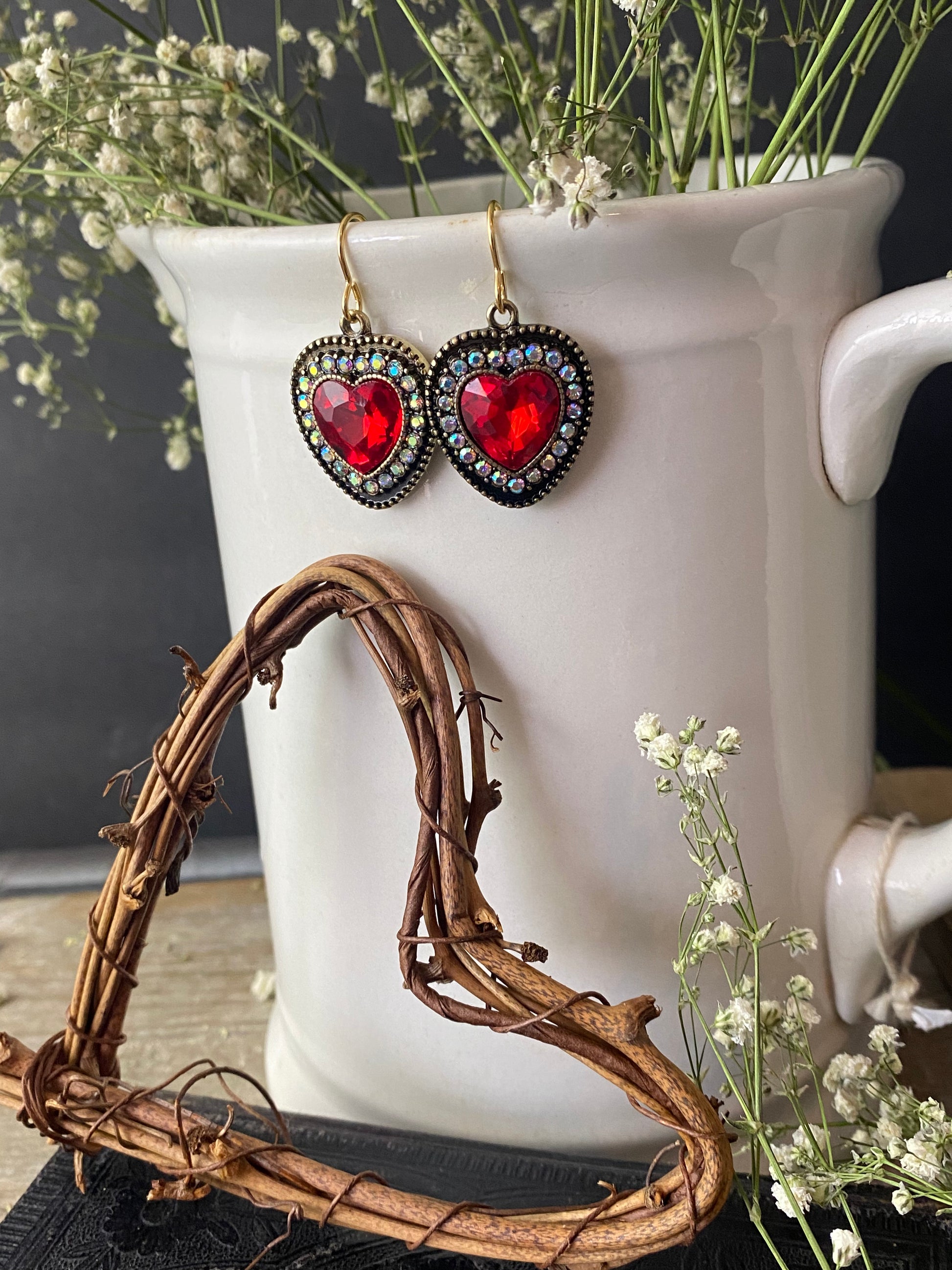 Red heart crystals, valentine’s Day, bronze metal, earrings - Andria Bieber Designs 