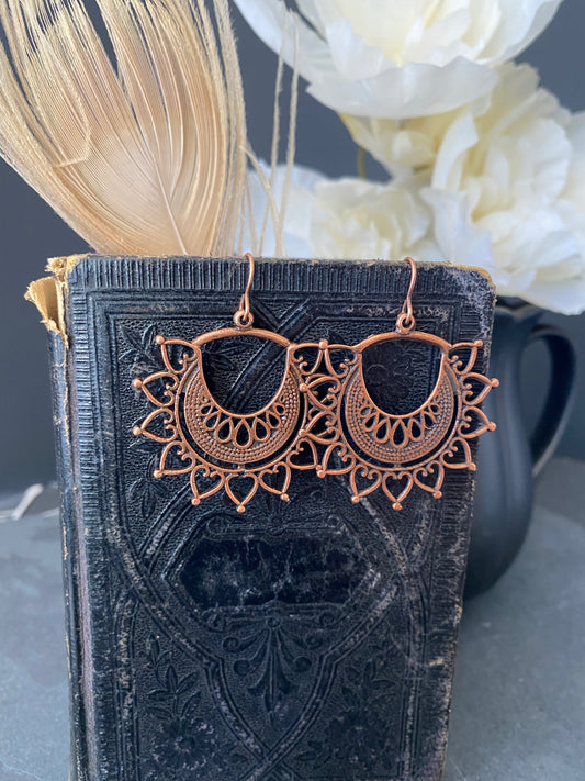 Boho sun, copper metal, earrings, jewelry. - Andria Bieber Designs 