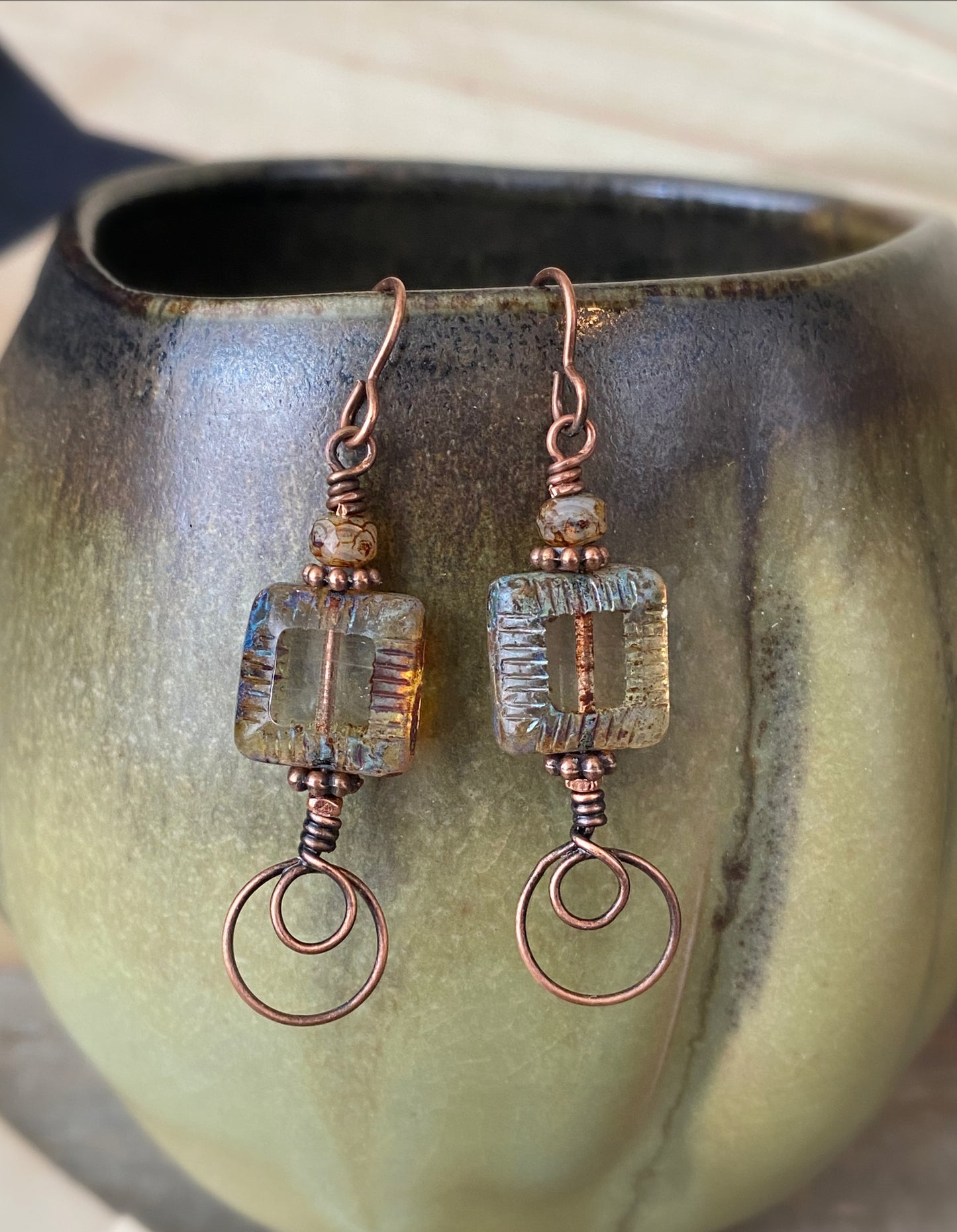 Tan Czech glass, Picasso glass, copper metal earrings.