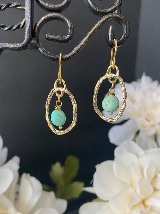 Bronze handmade charms with Kingman turquoise, brass metal, earrings - Andria Bieber Designs 