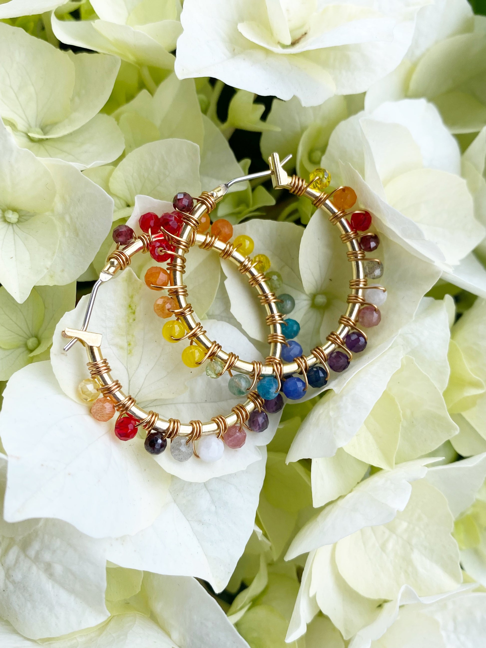 Rainbow gemstone, gold metal hoops, wire wrapped, earrings - Andria Bieber Designs 