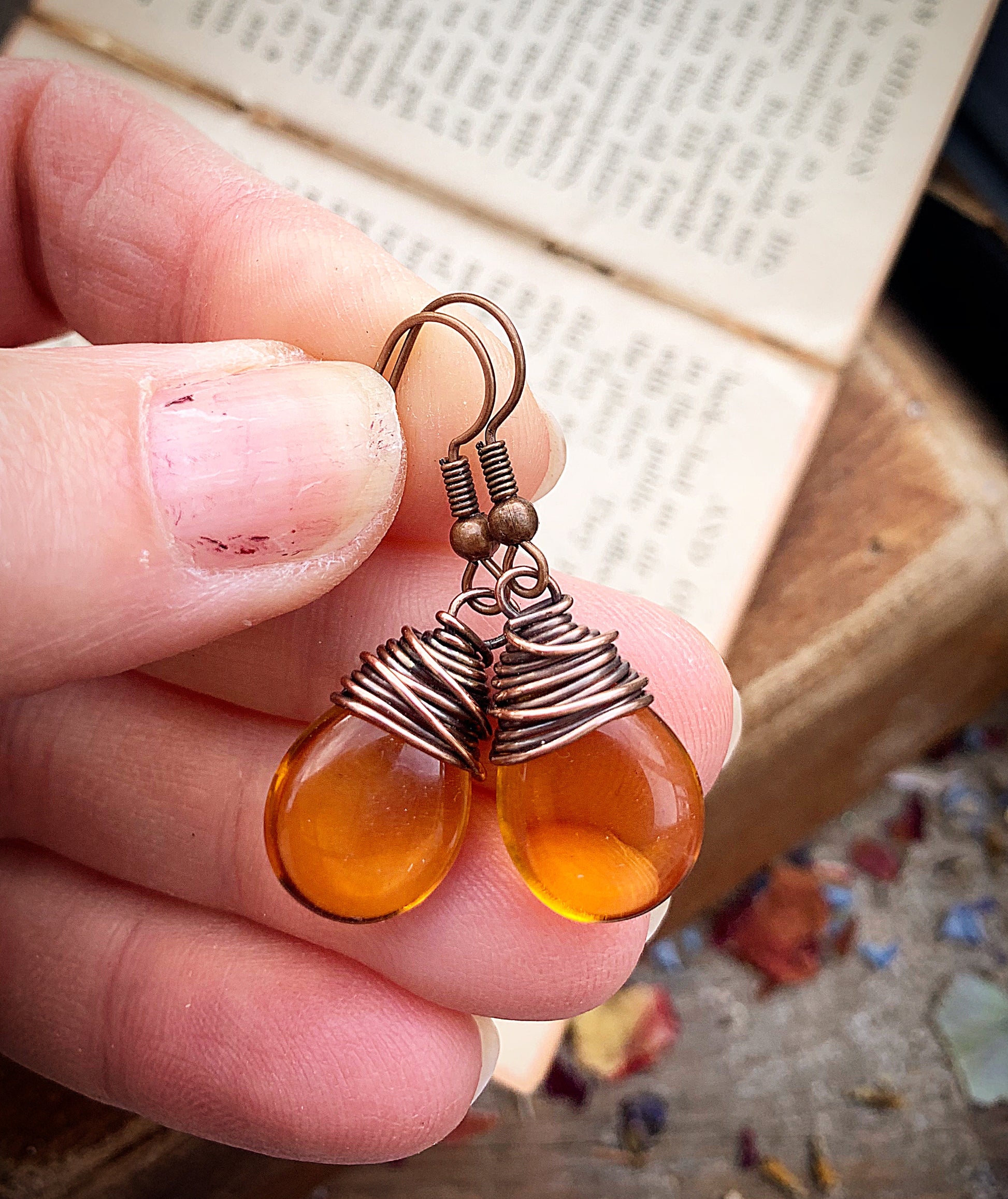Amber teardrop Czech glass and copper wire wrapped earrings. - Andria Bieber Designs 