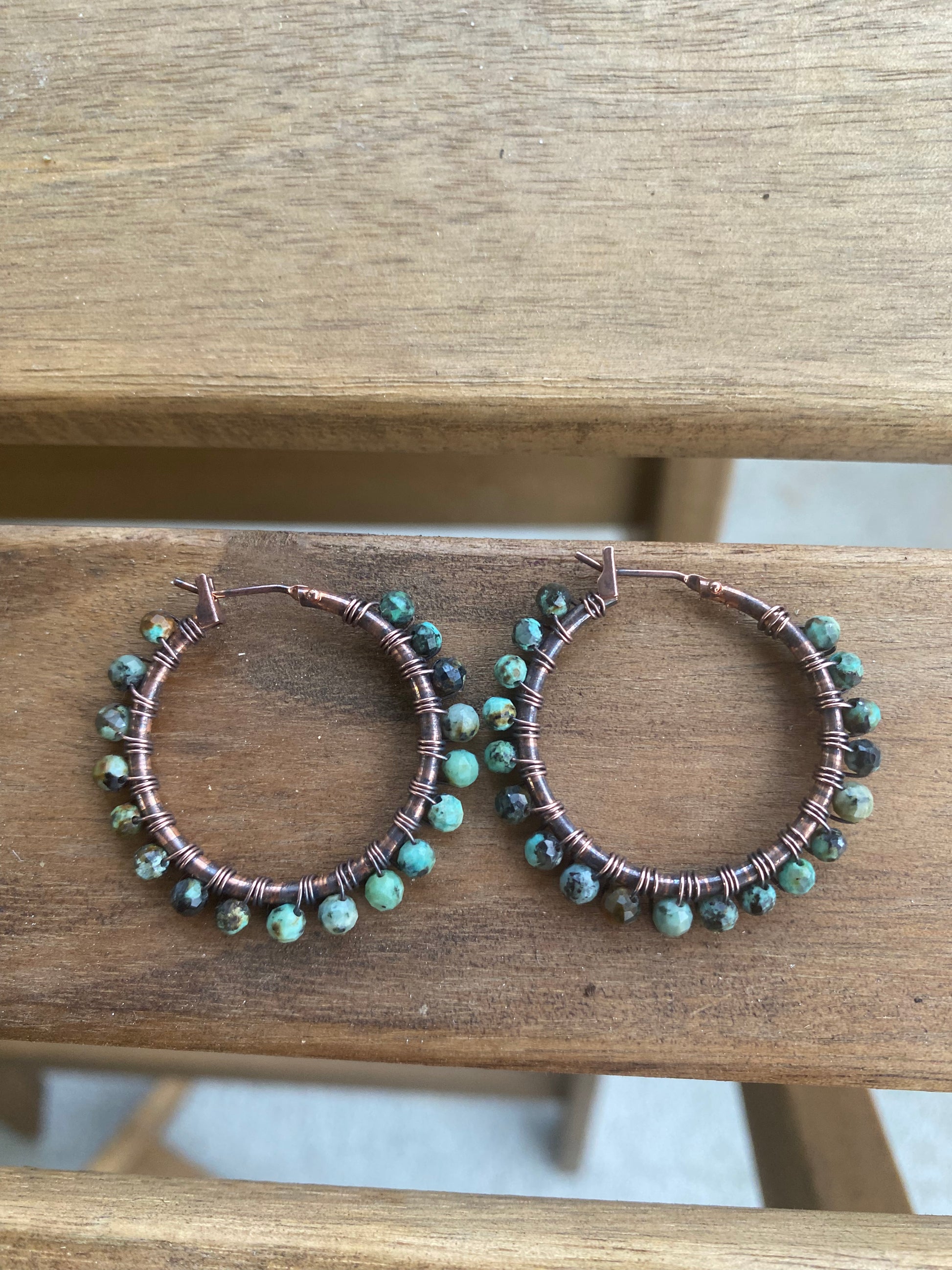 African turquoise stone, copper metal hoops, wire wrapped, earrings - Andria Bieber Designs 