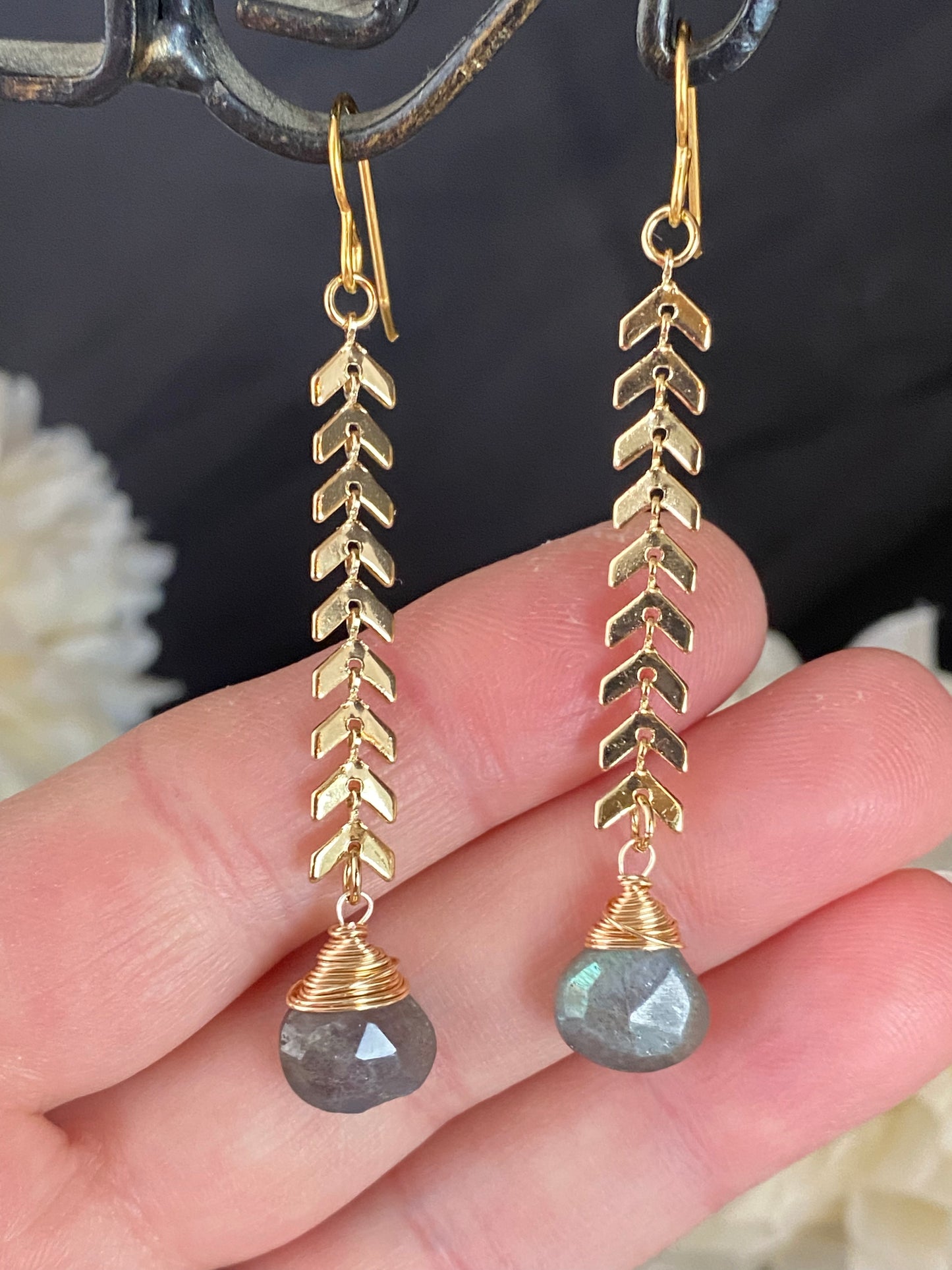 Labradorite stone, gold metal, earrings, jewelry
