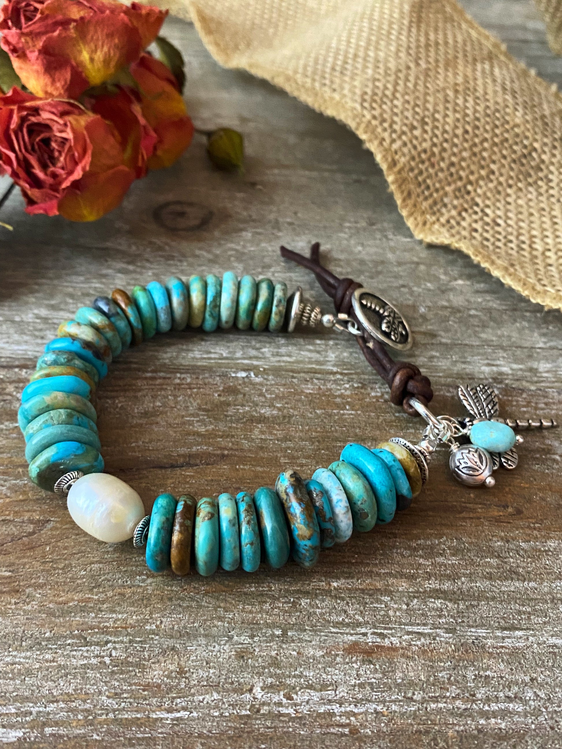 Turquoise stone, pearl, and leather with silver metal bracelet. - Andria Bieber Designs 