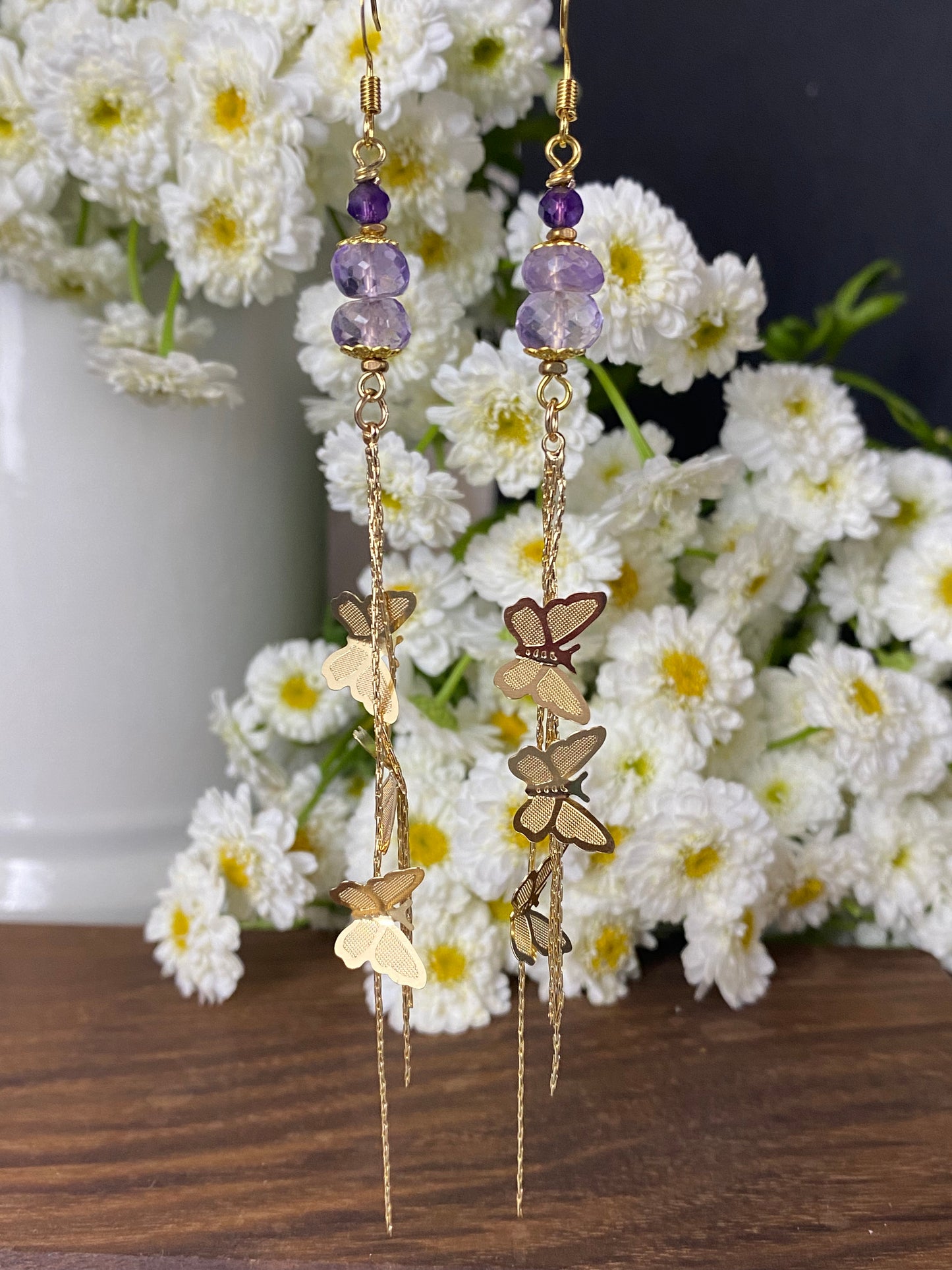 Gold butterfly charms, amethyst stone, earrings, jewelry