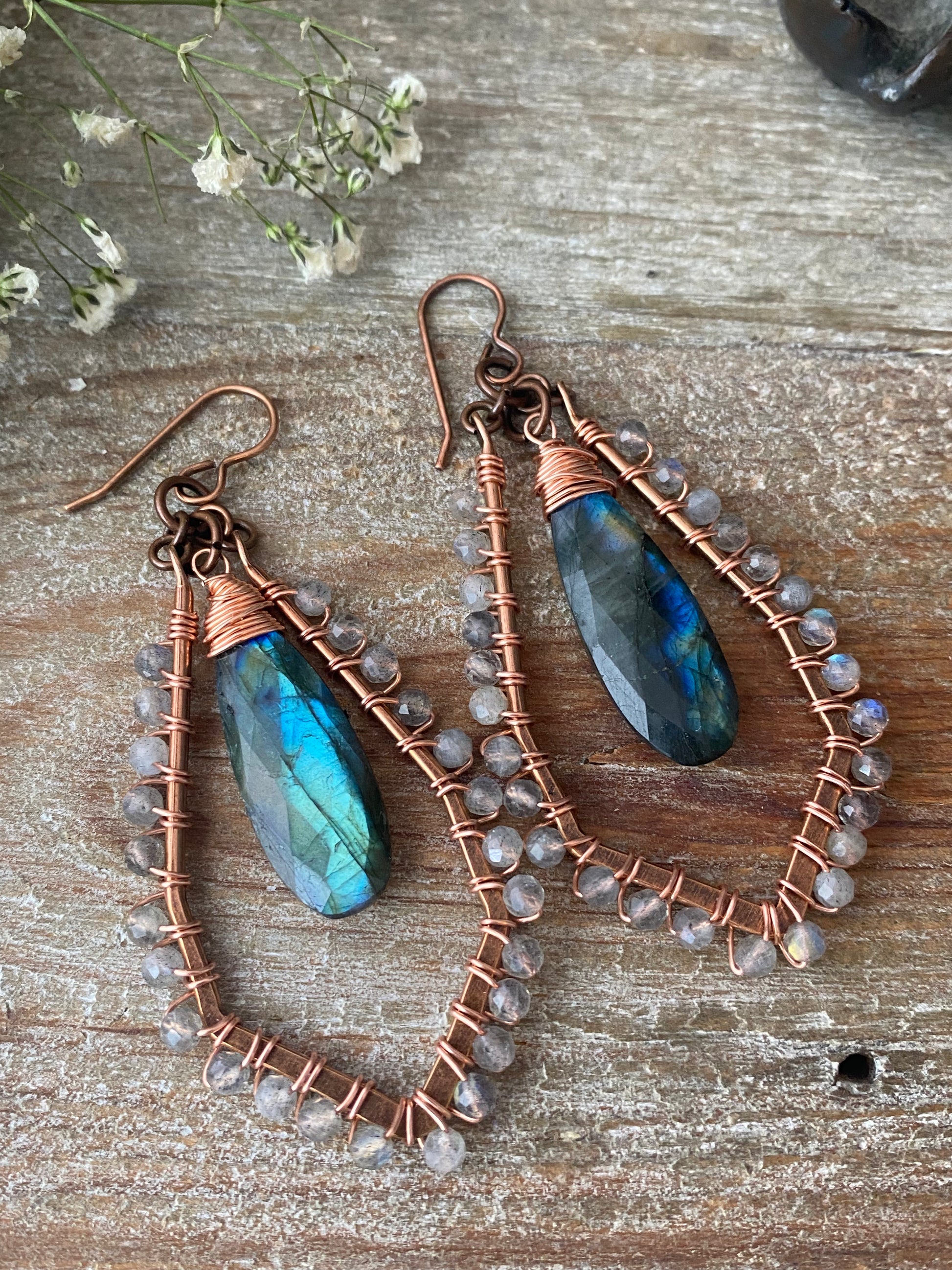 Labradorite gemstone, copper metal, wire wrapped, earrings - Andria Bieber Designs 