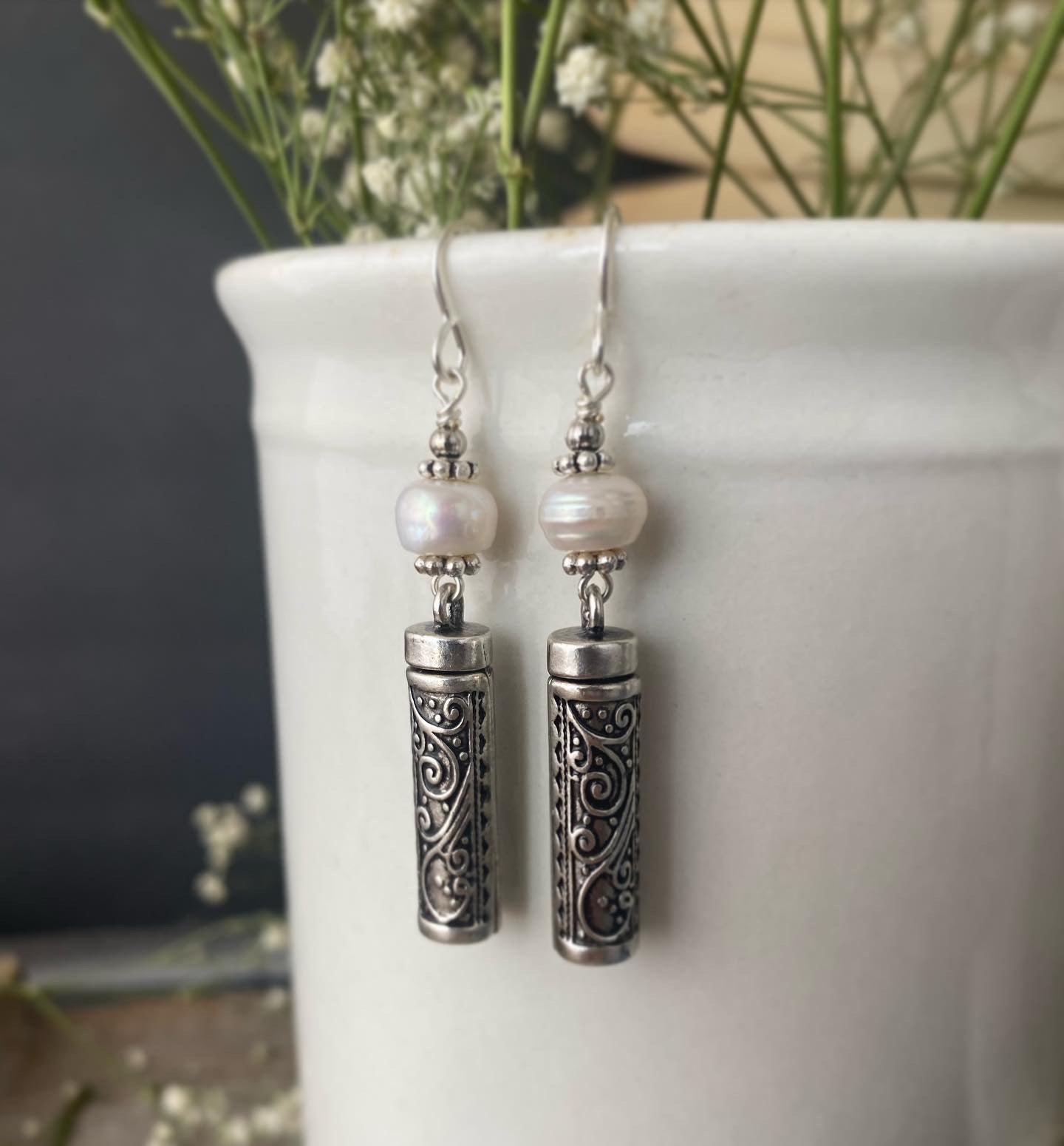Pearls and silver drop earrings, jewelry - Andria Bieber Designs 