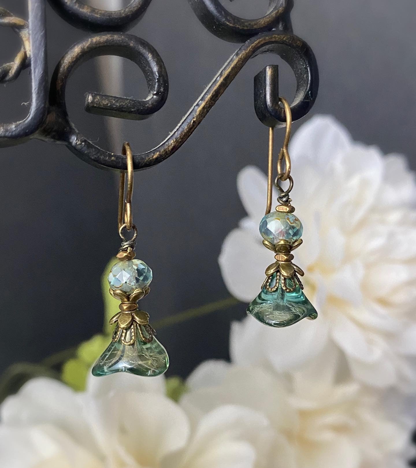 Teal Flower Czech glass, small earrings, and copper metal earrings. - Andria Bieber Designs 