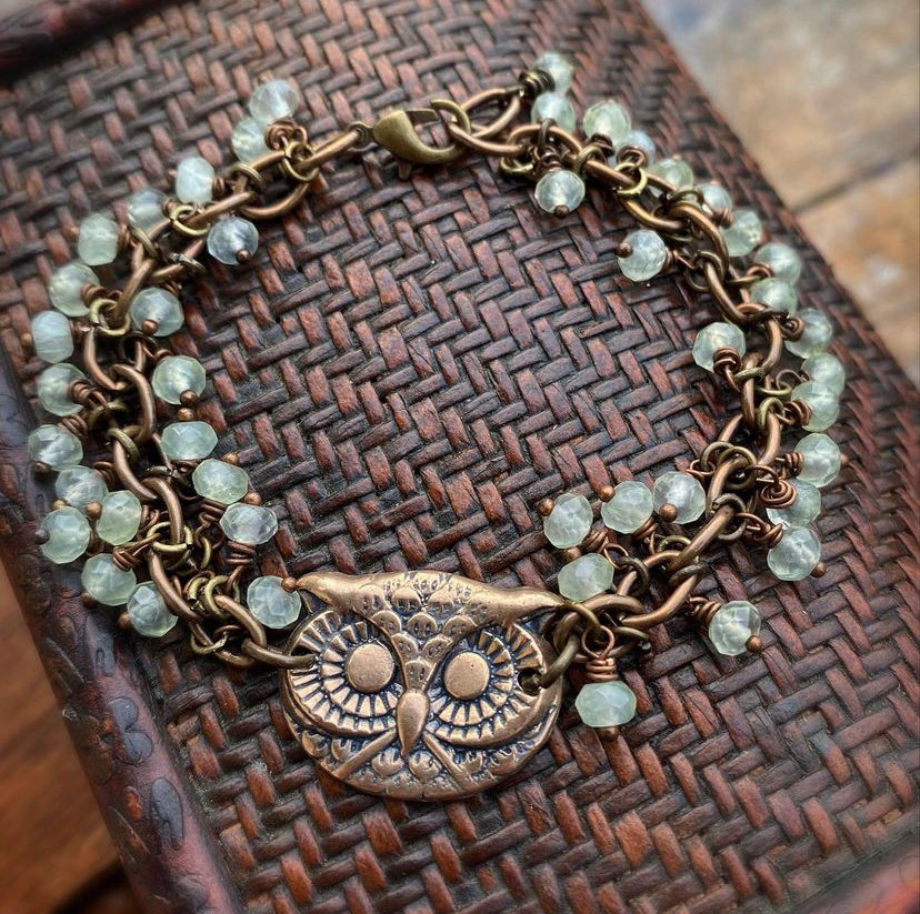 Prehnite gemstone, handmade bracelet, bronze metal, jewelry - Andria Bieber Designs 