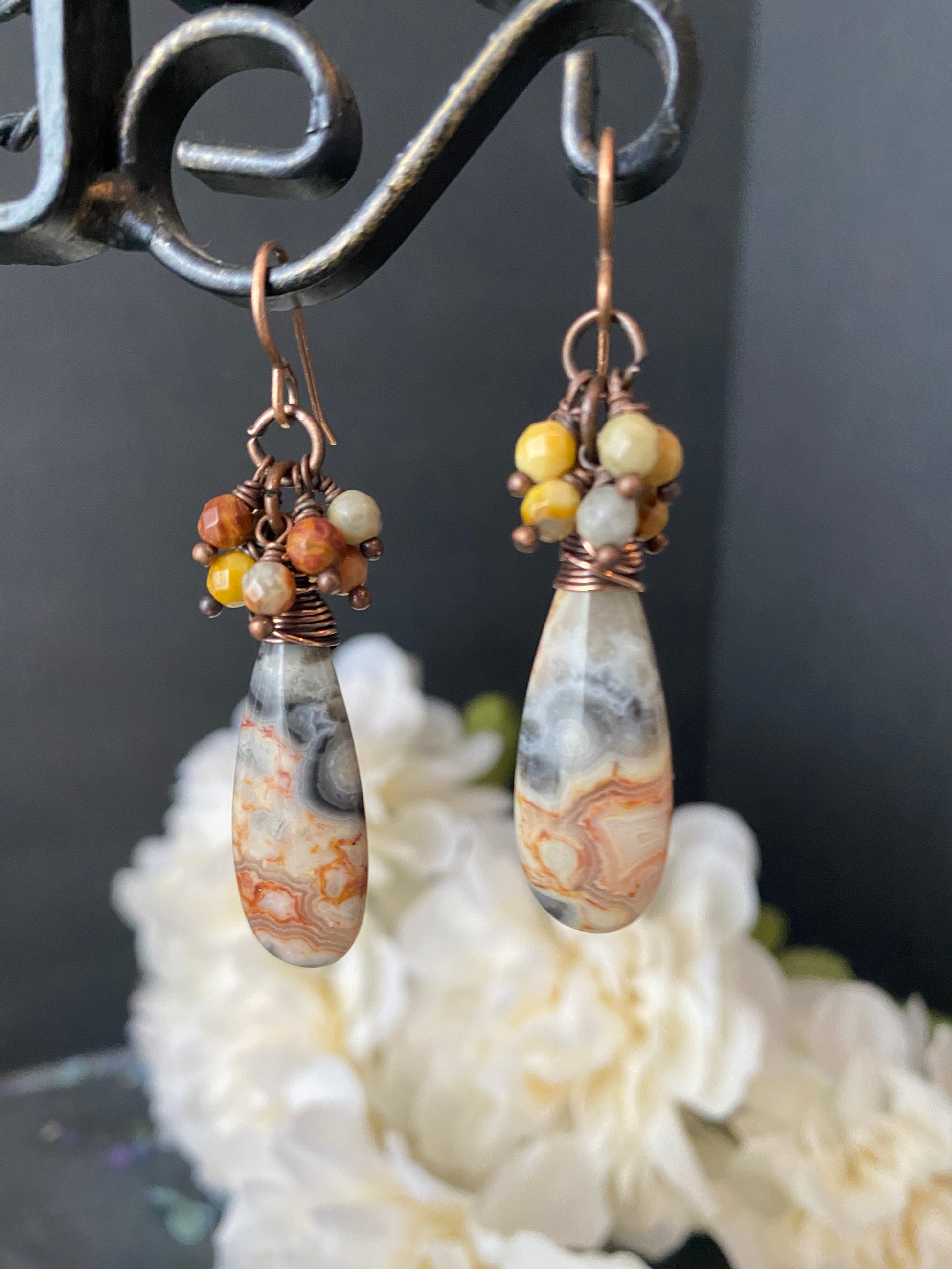 Crazy lace agate stone drops and dangles wire wrapped copper metal hoops, wire wrapped, earrings - Andria Bieber Designs 