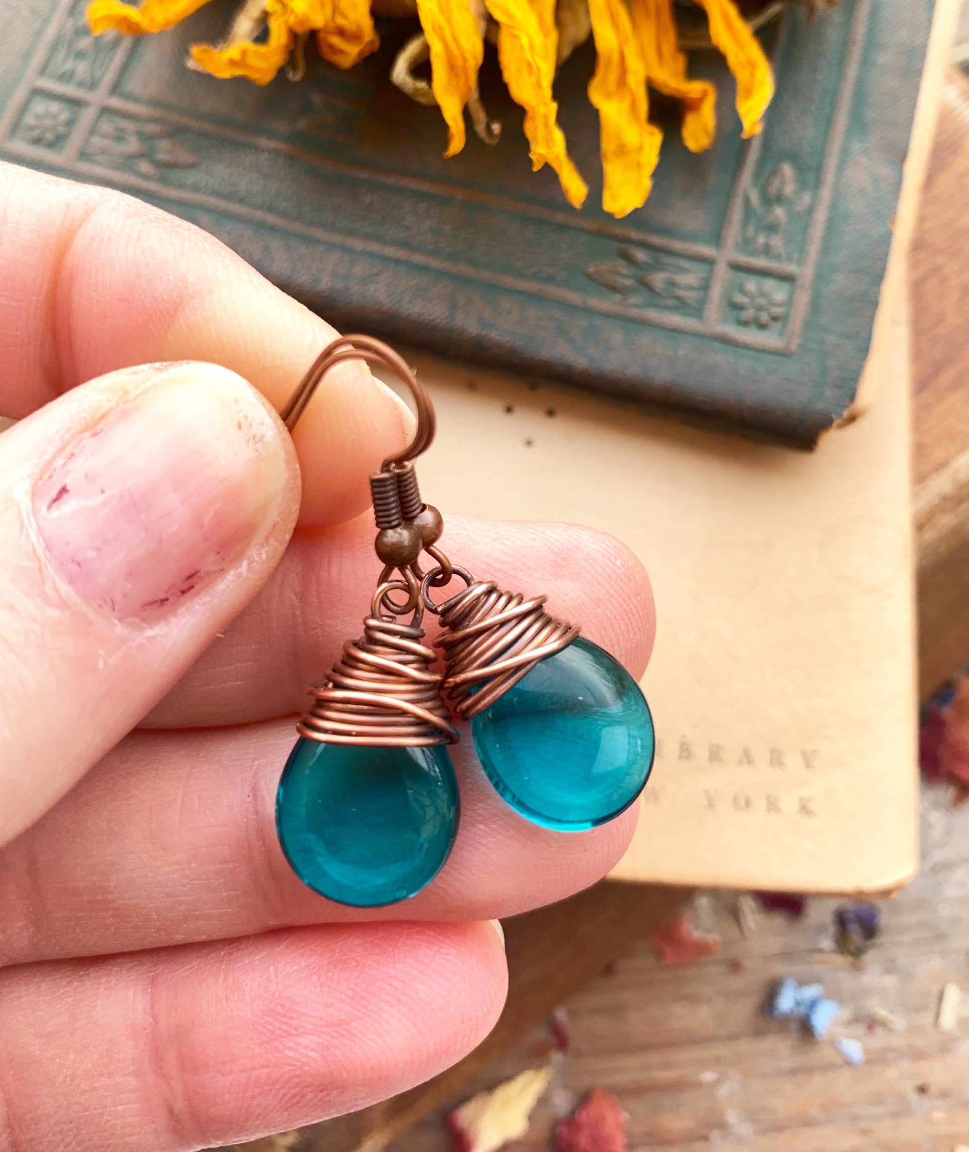 Teal dark transparent teardrop Czech glass and copper wire wrapped earrings. - Andria Bieber Designs 