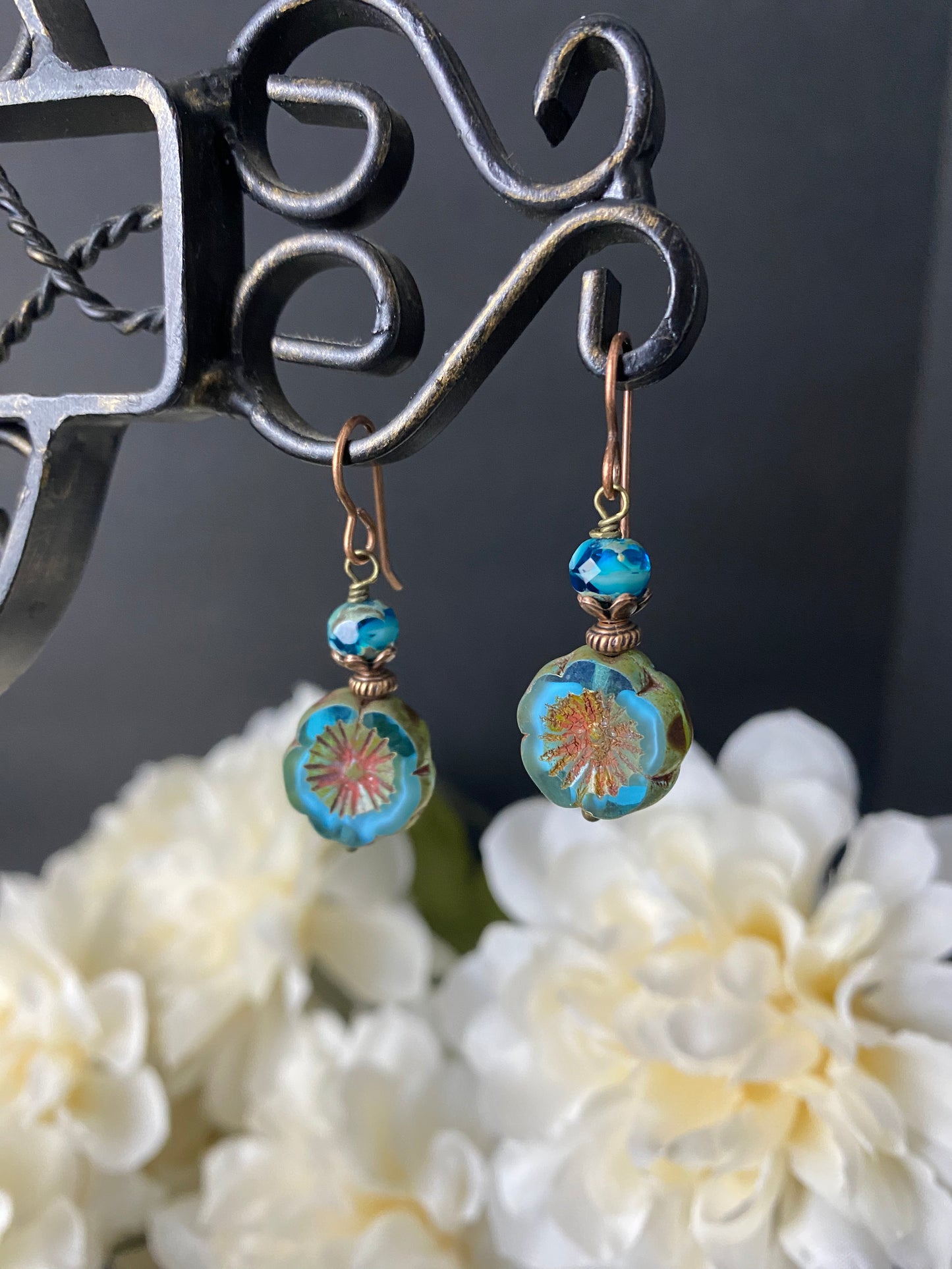 Blue Flower Czech glass, picssso glass, small earrings, and copper metal earrings. - Andria Bieber Designs 