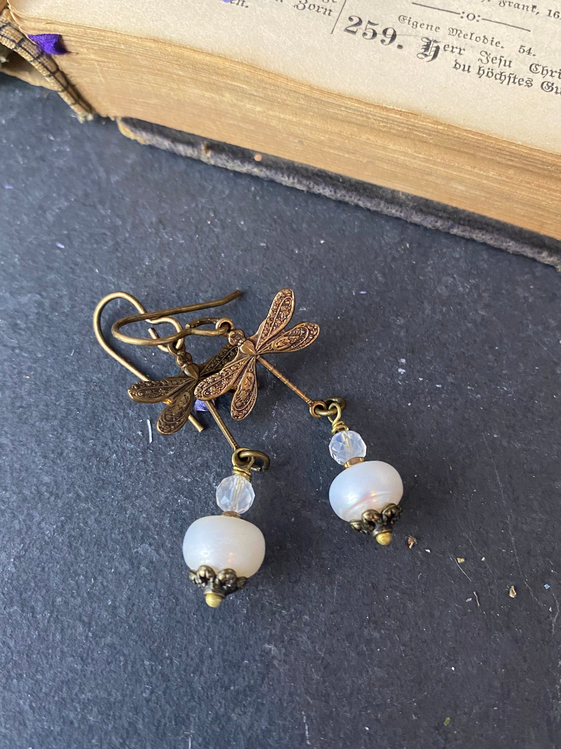Dragonfly bronze metal charms, moonstone and pearls, earrings. - Andria Bieber Designs 