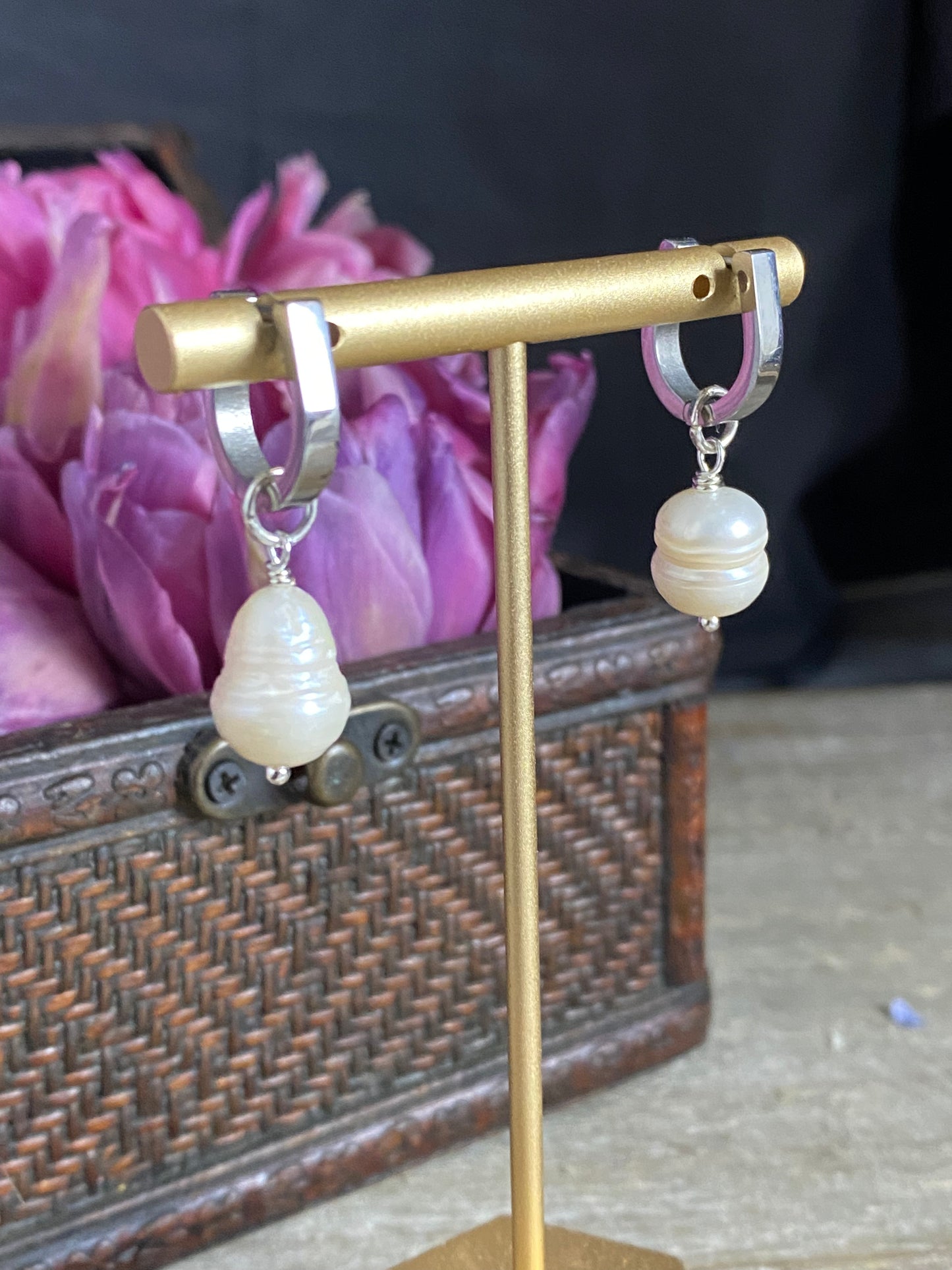 Stainless steel, huggy ear wire clip, freshwater pearl earrings