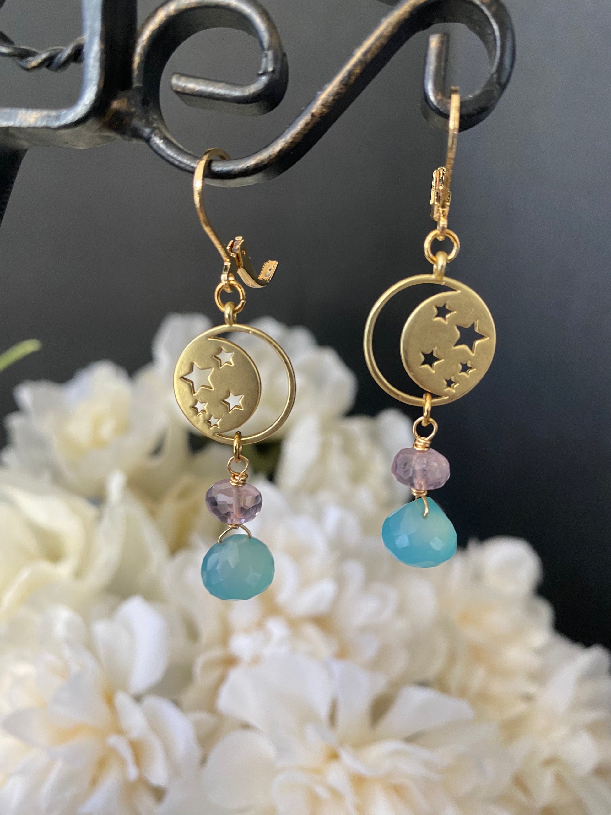 Blue Chalcedony, faceted amethyst, gold metal earrings - Andria Bieber Designs 