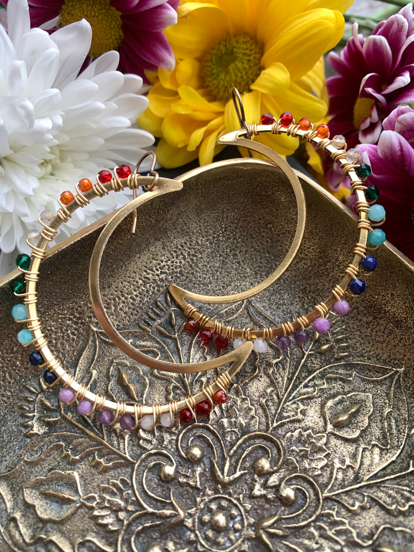 Rainbow gemstone, Moon gold metal hoops, wire wrapped, gemstone, earrings - Andria Bieber Designs 