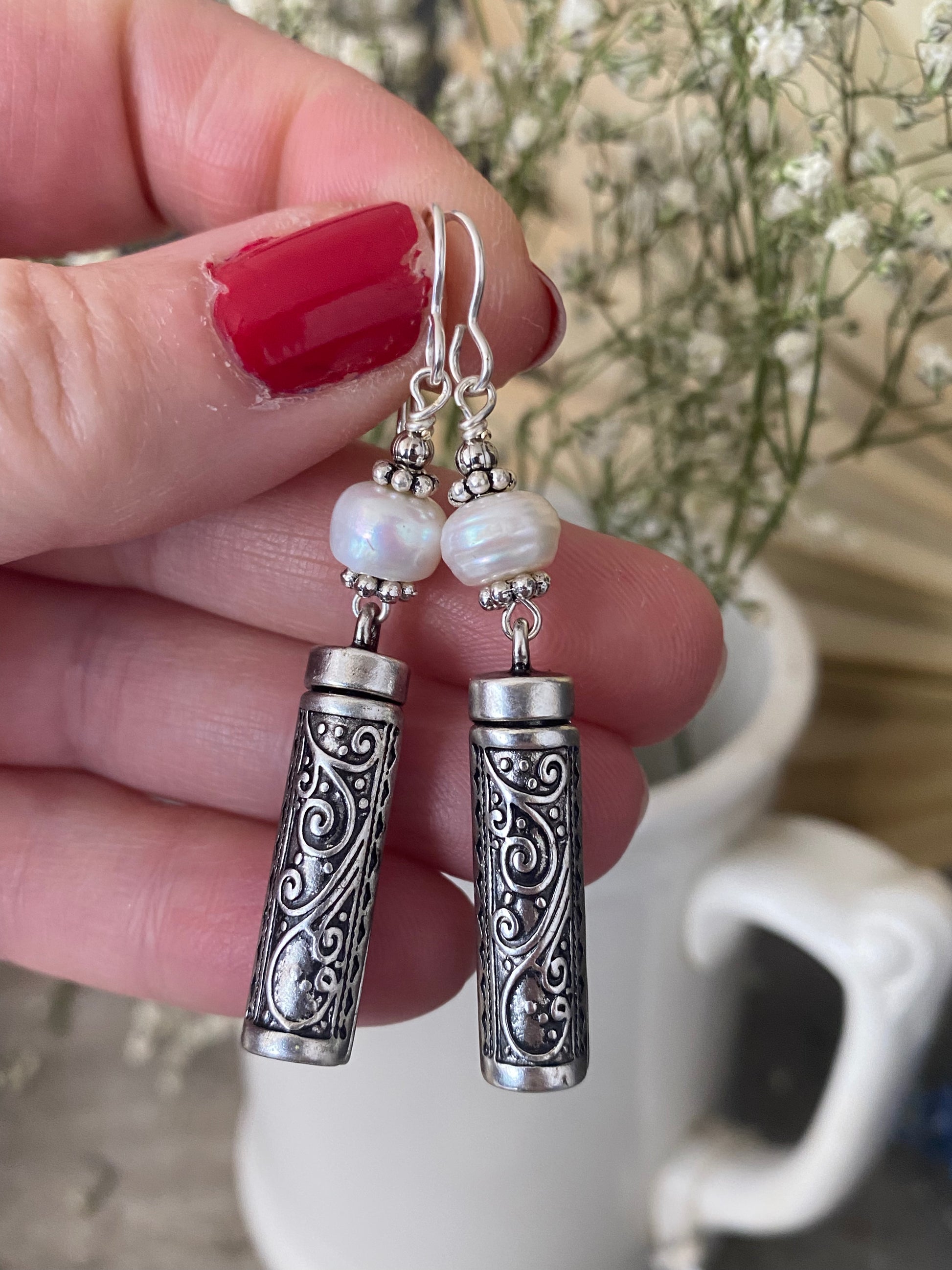 Pearls and silver drop earrings, jewelry - Andria Bieber Designs 