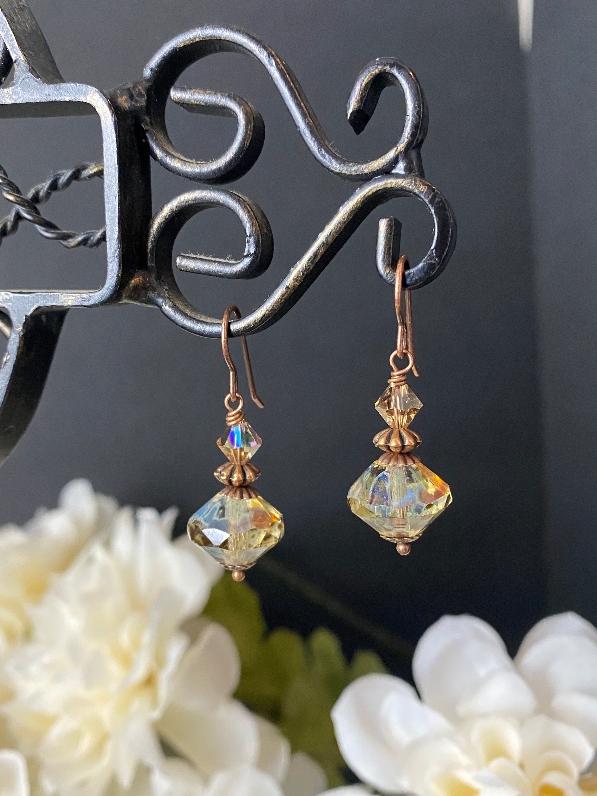 Tan Czech glass, Picasso glass, small earrings, and copper metal earrings. - Andria Bieber Designs 