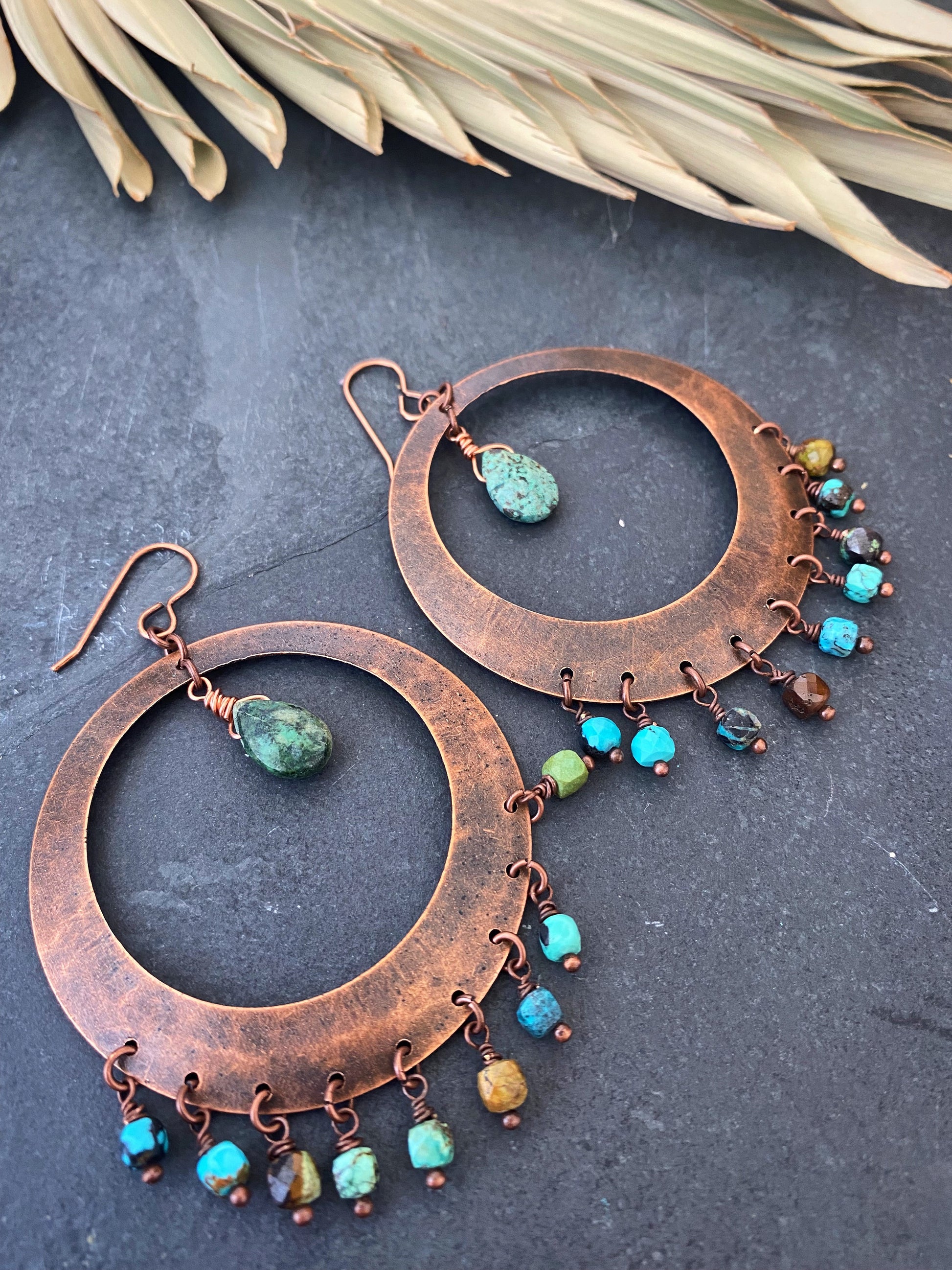 Large hoops, boho tribal, turquoise stone, copper metal earrings - Andria Bieber Designs 