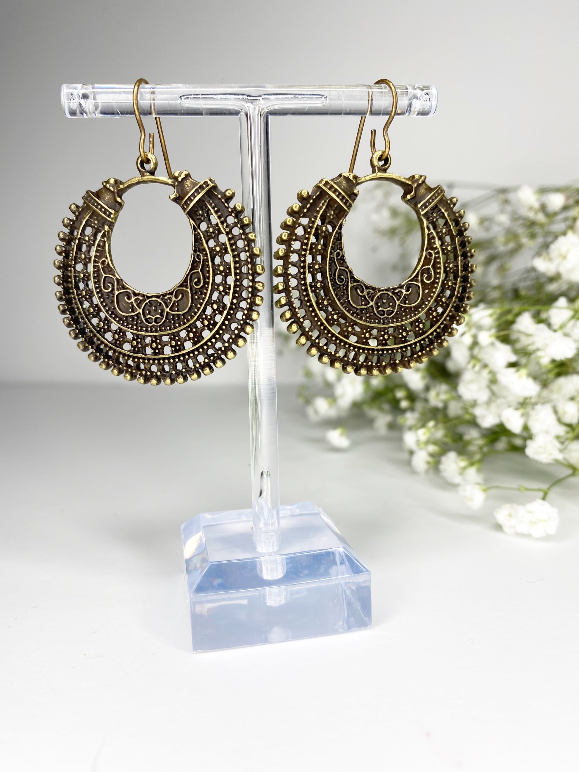 Bronze filigree boho hoop charm earrings, Bronze metal, jewelry - Andria Bieber Designs 