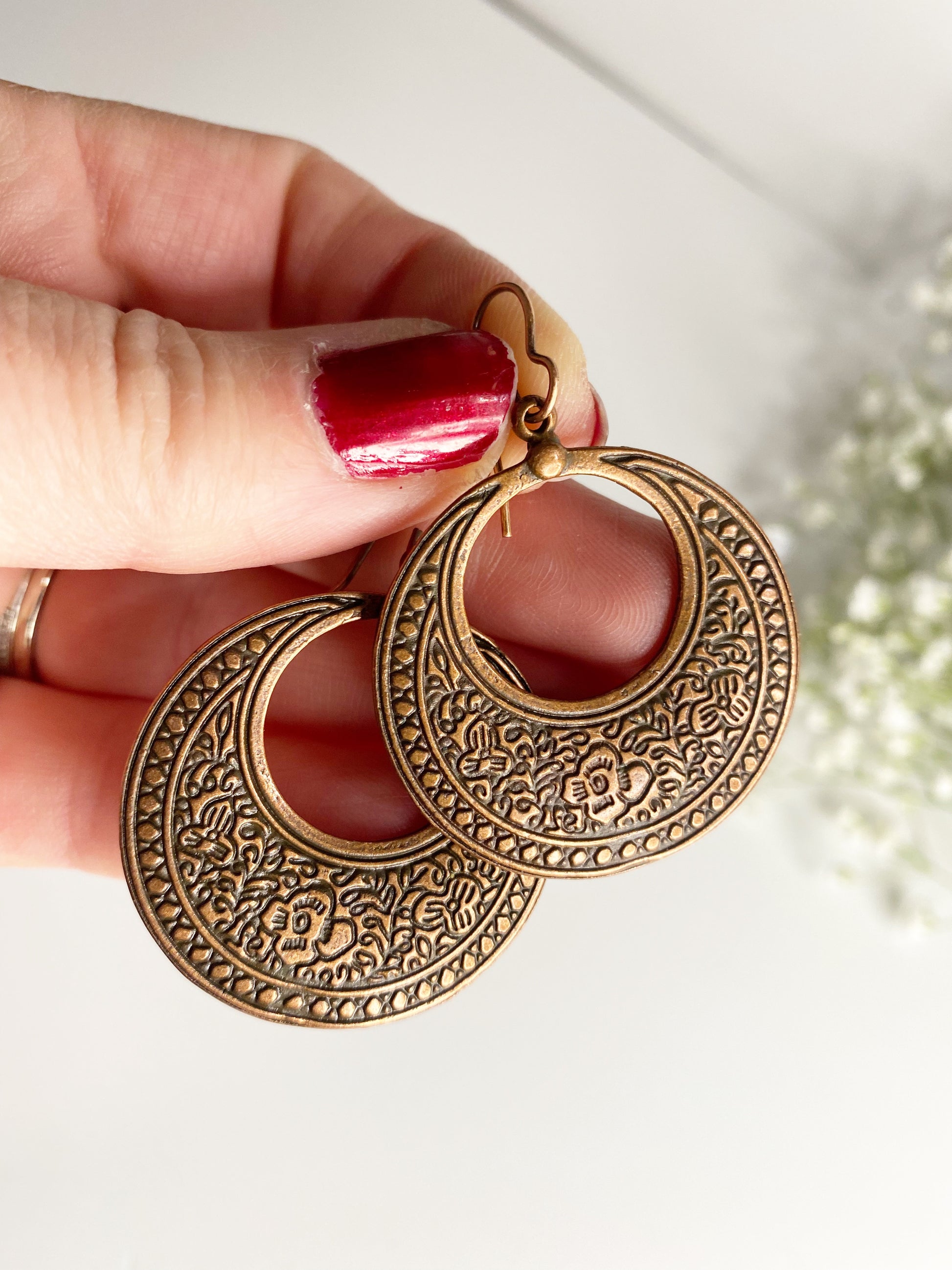 Copper filigree boho hoop charm earrings, Copper  metal, jewelry - Andria Bieber Designs 