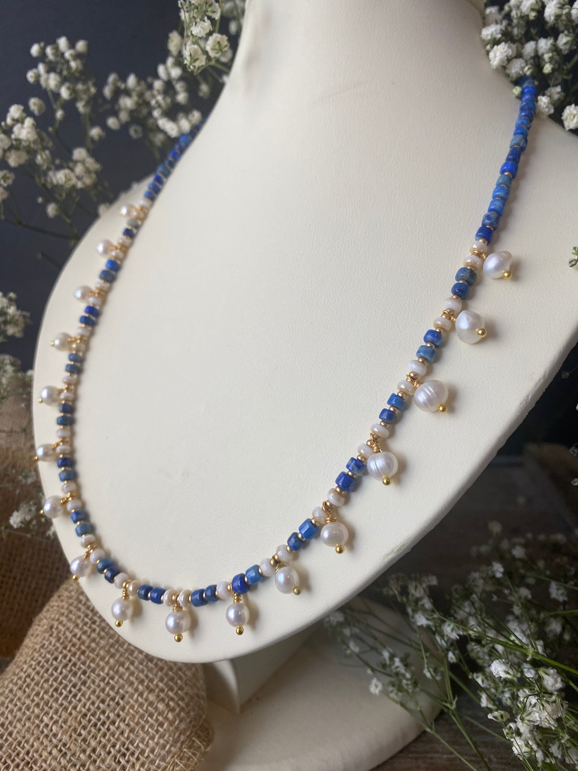 Lapis lazuli stone, freshwater pearls, gold 18k necklace, jewelry - Andria Bieber Designs 