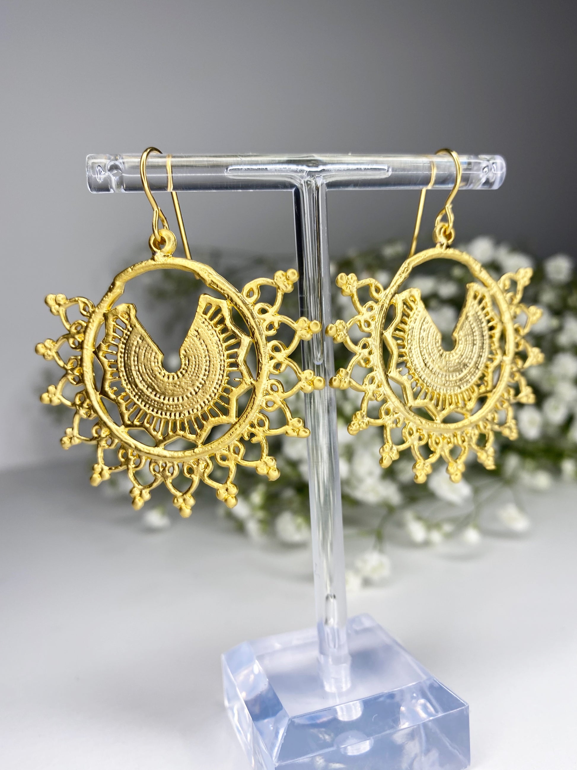 Gold boho filigree charm earrings, Gold metal, jewelry - Andria Bieber Designs 