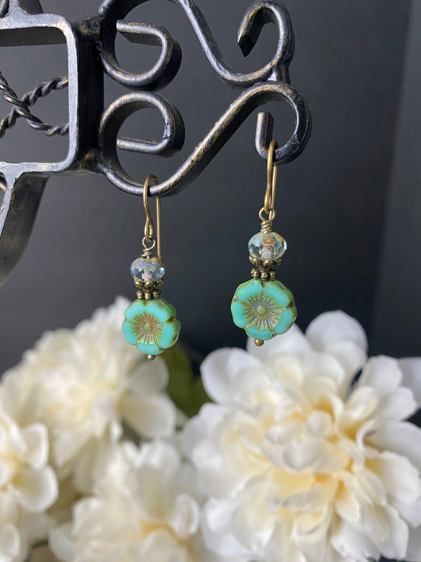 Teal Flower Czech glass, picssso glass, small earrings, and copper metal earrings. - Andria Bieber Designs 