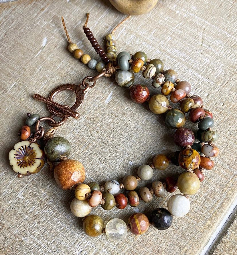 Red creek Jasper stone, knotted cording, multi strand, bracelet. - Andria Bieber Designs 