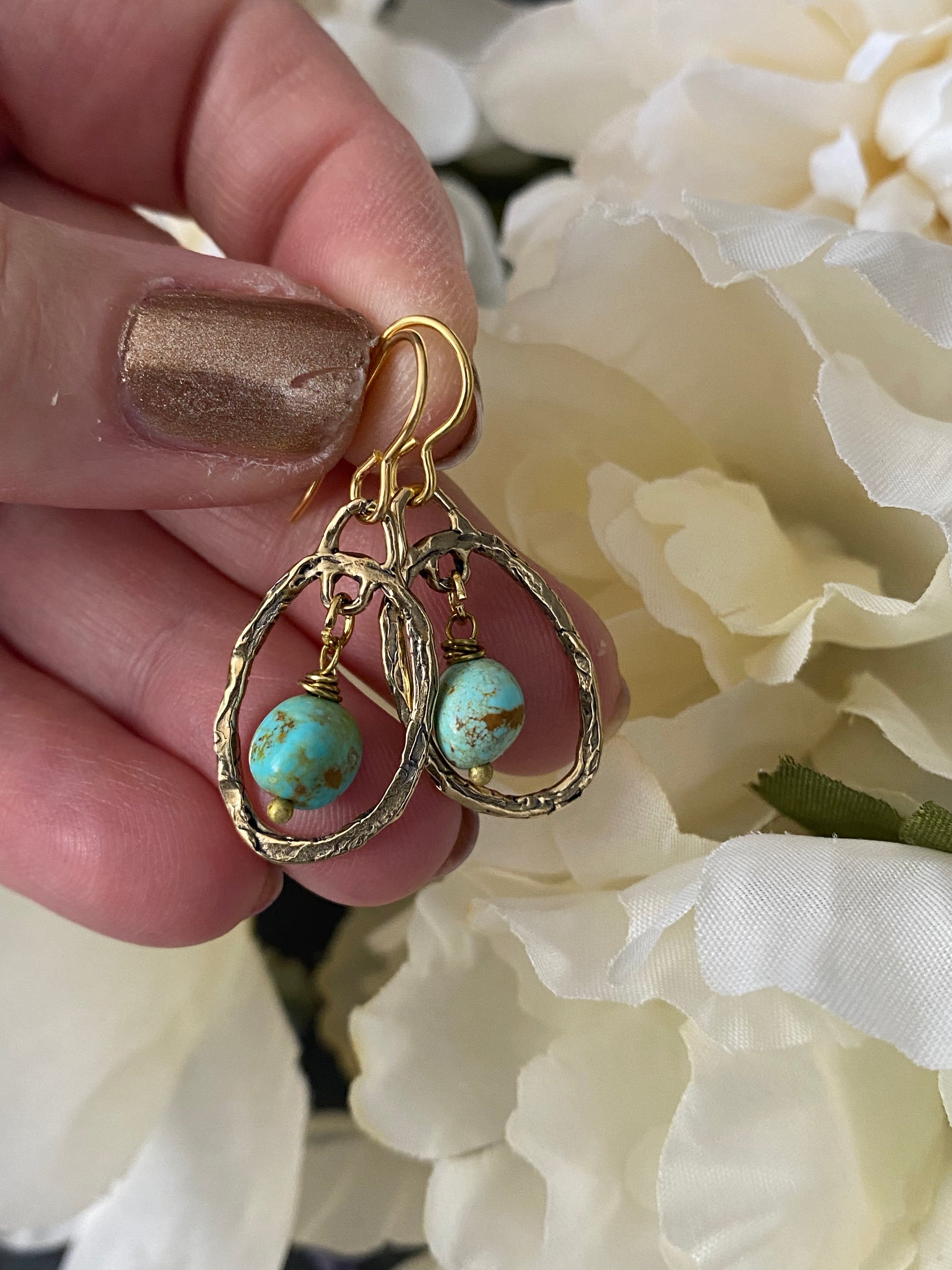 Bronze handmade charms with Kingman turquoise, brass metal, earrings - Andria Bieber Designs 