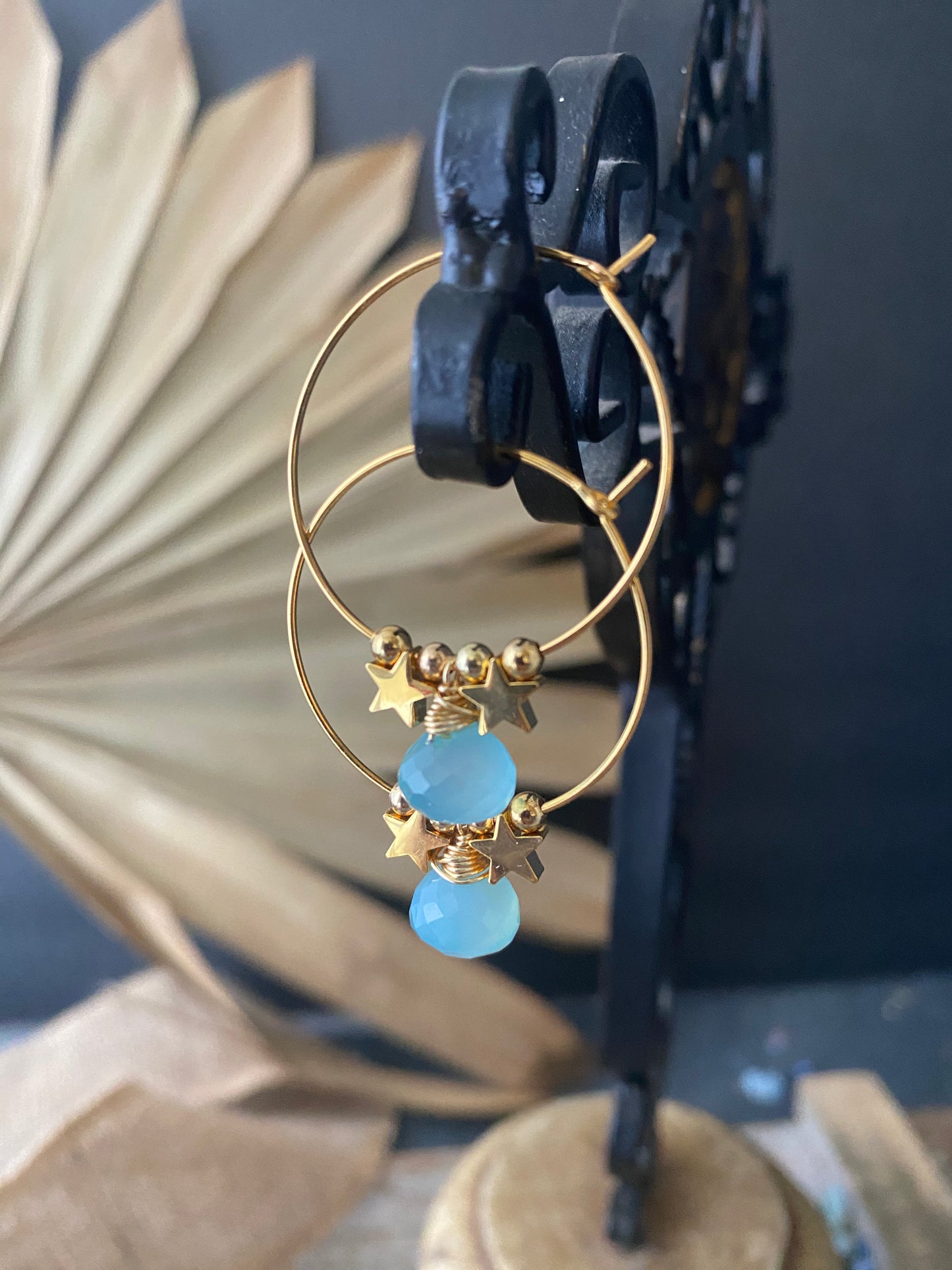 Blue chalcedony stone, gold hoop, stars, earrings.