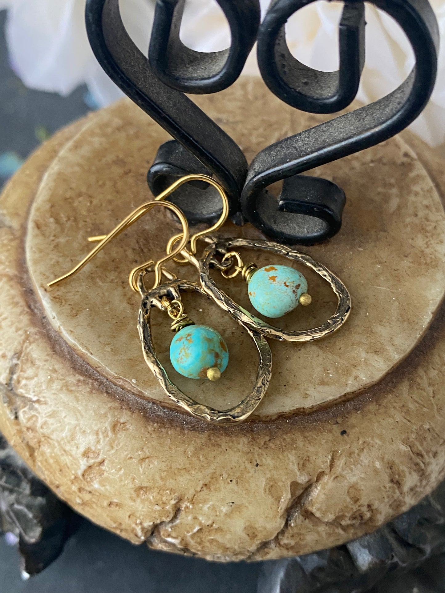 Bronze handmade charms with Kingman turquoise, brass metal, earrings - Andria Bieber Designs 